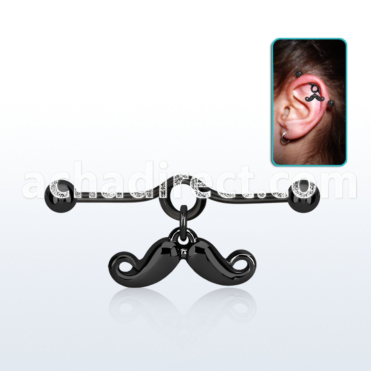 indtd2 black industrial loop barbell w dangling happy mustache