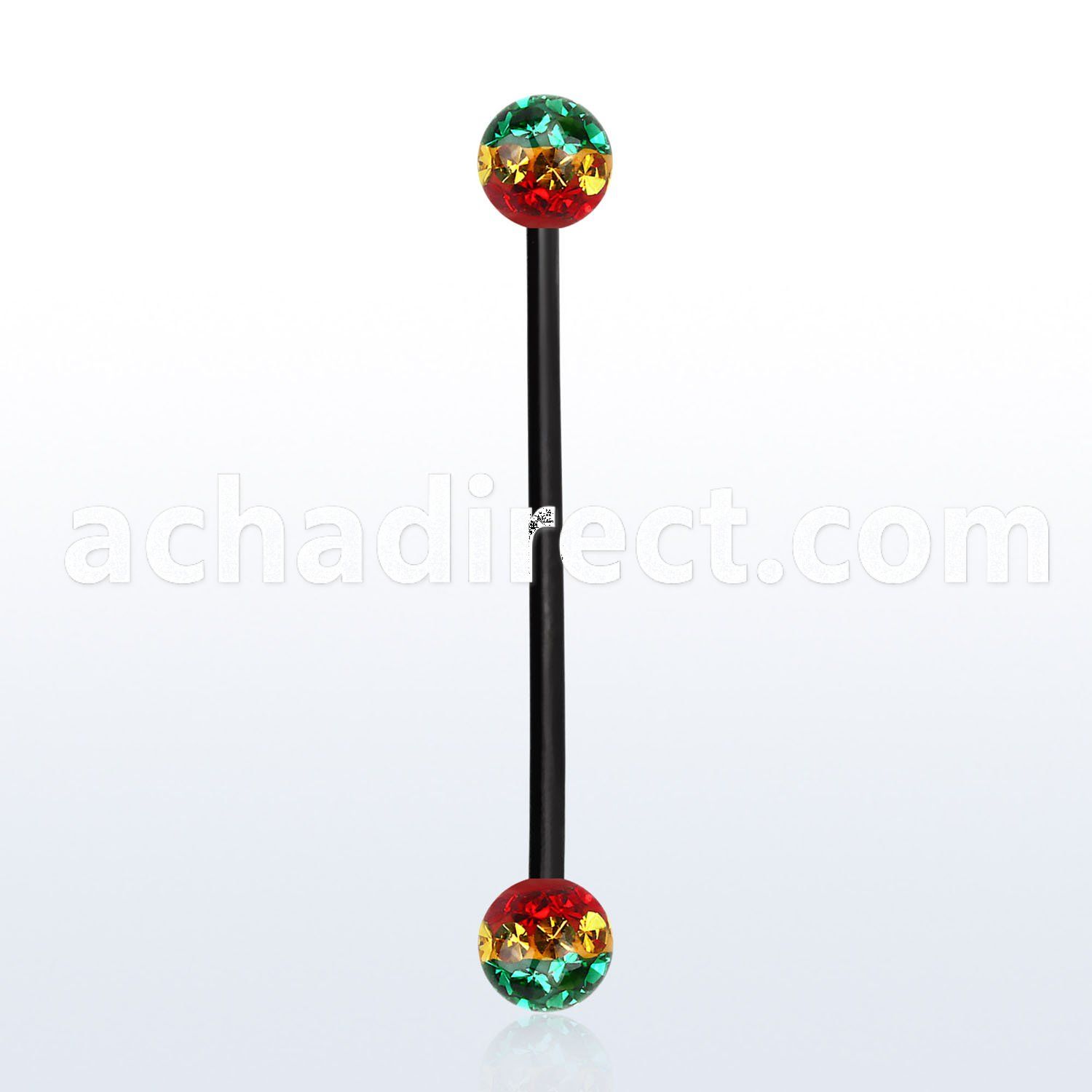 intfr5r anodized 316l steel industrial barbell with rasta balls