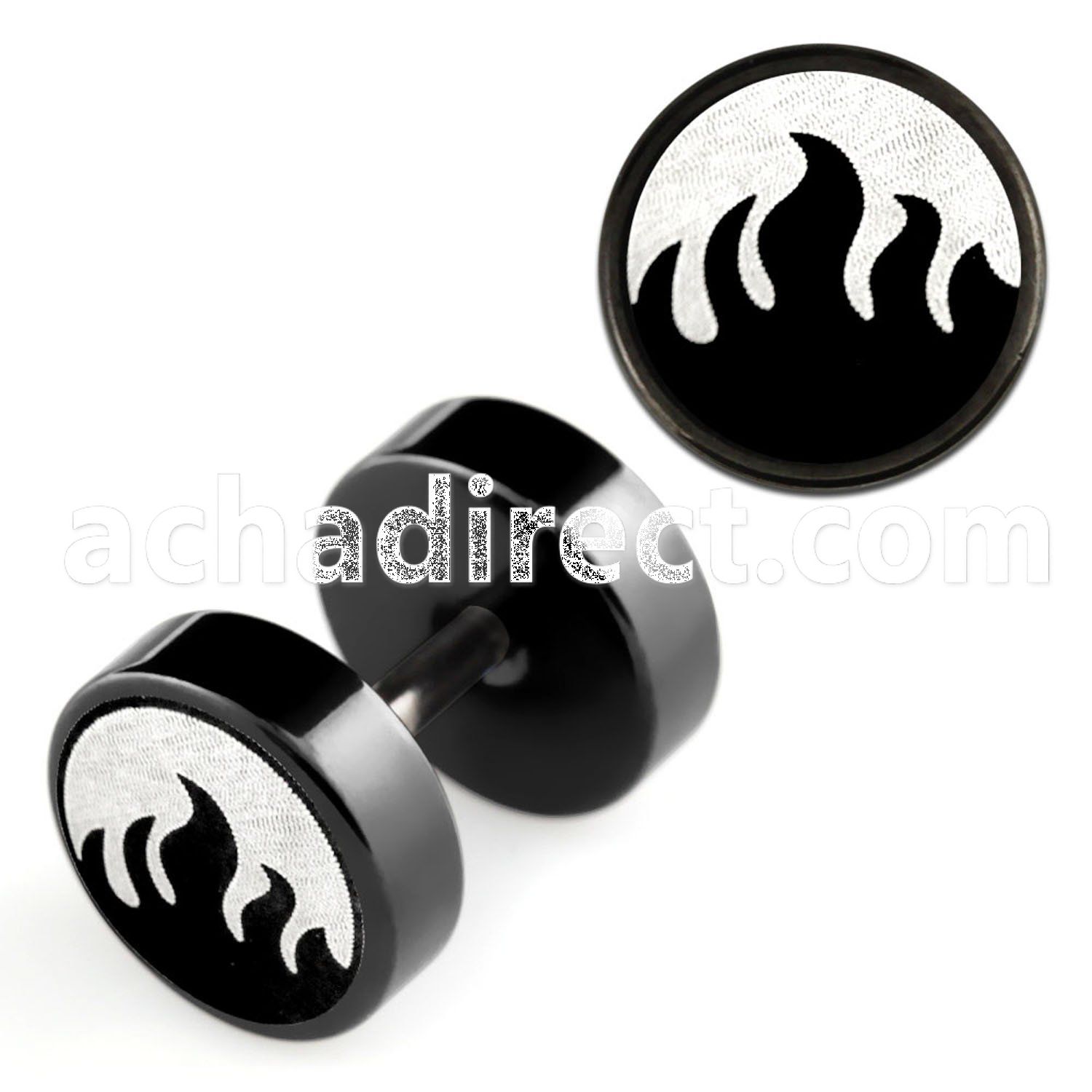 ipls4 black 316l steel fake plug with laser edged flames logo