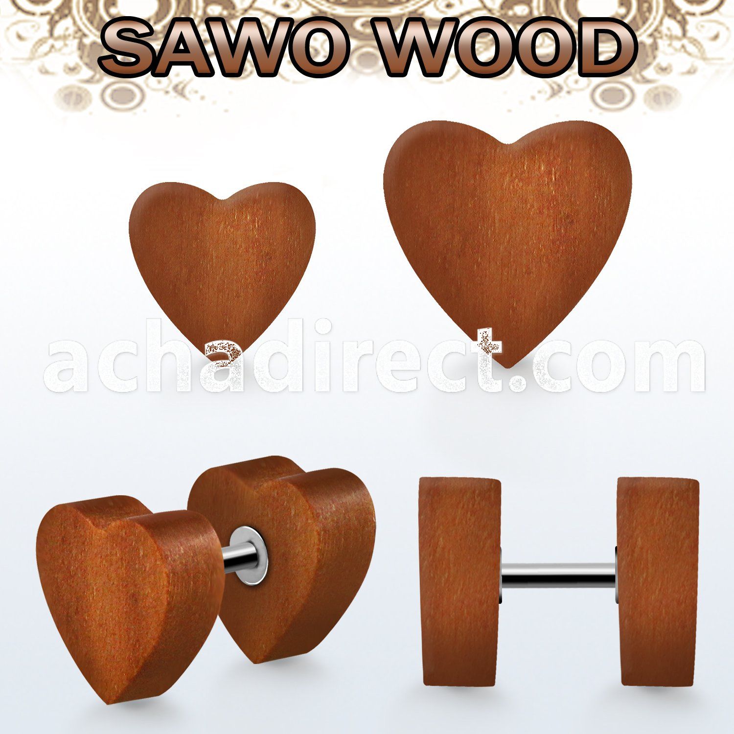 ipswht sawo wood fake plug in heart shape with 316l steel post