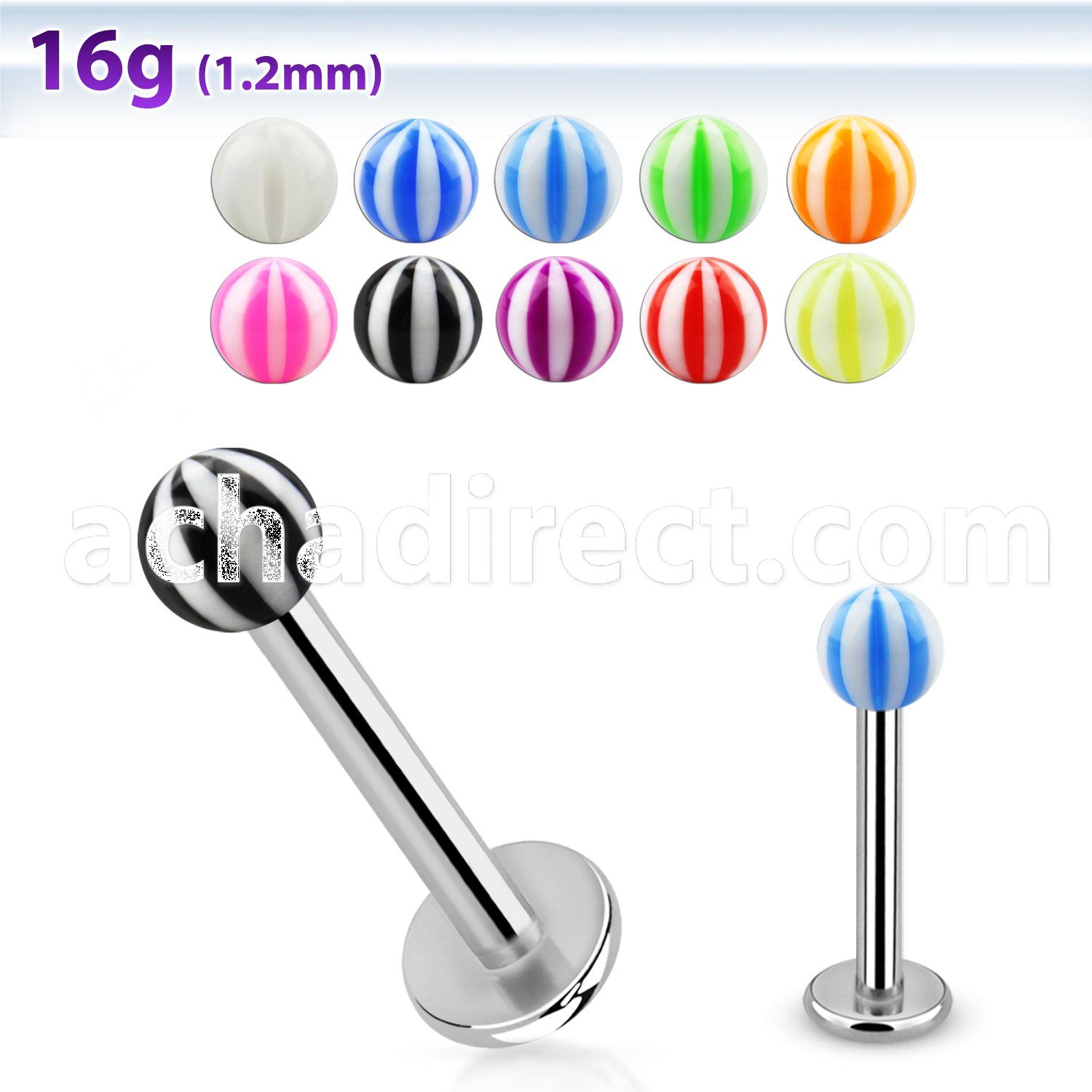 lbbeb3 316l steel labret with 3mm acrylic uv beach ball