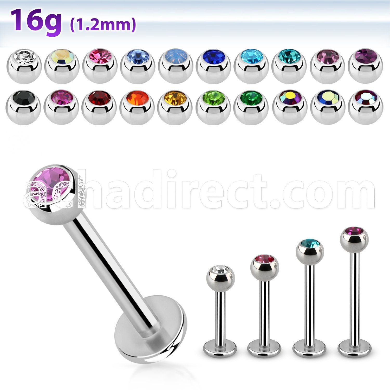 lbc3 16g 316l steel labret with 3mm bezel set jewel ball