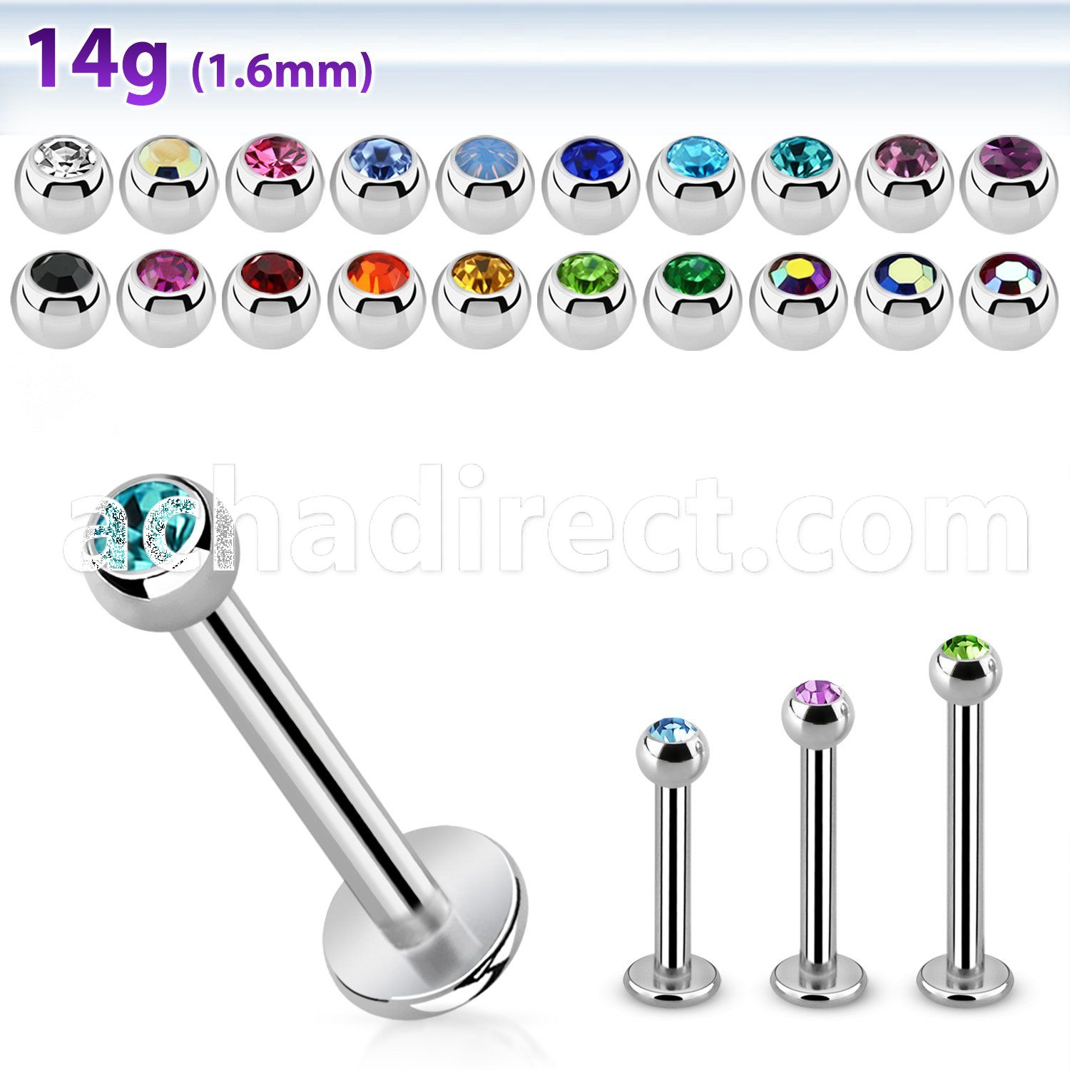 lbc3g 14g 316l steel labret with 3mm bezel set jewel ball