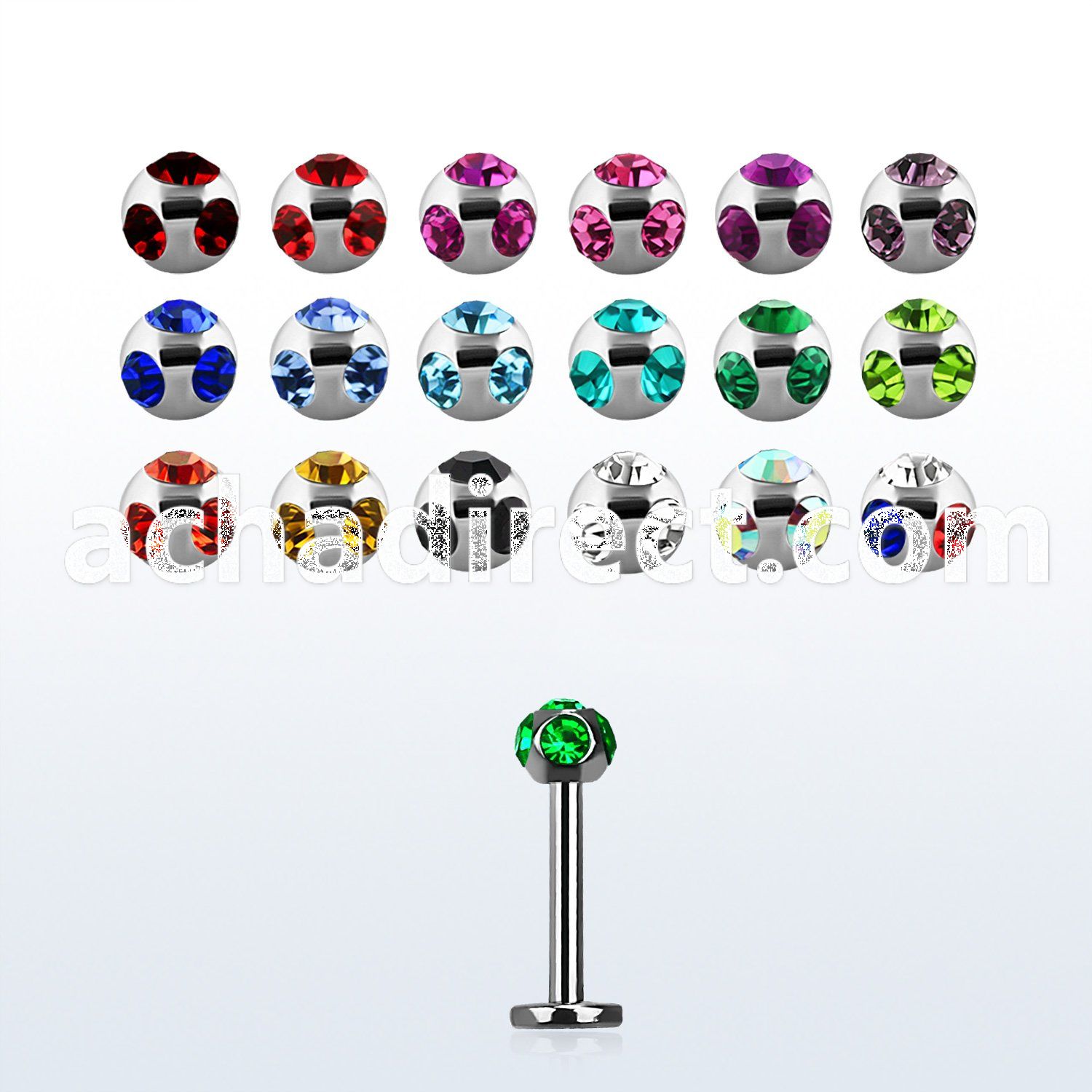 lbca 16g 316l steel labret with a 3mm multi jewel ball