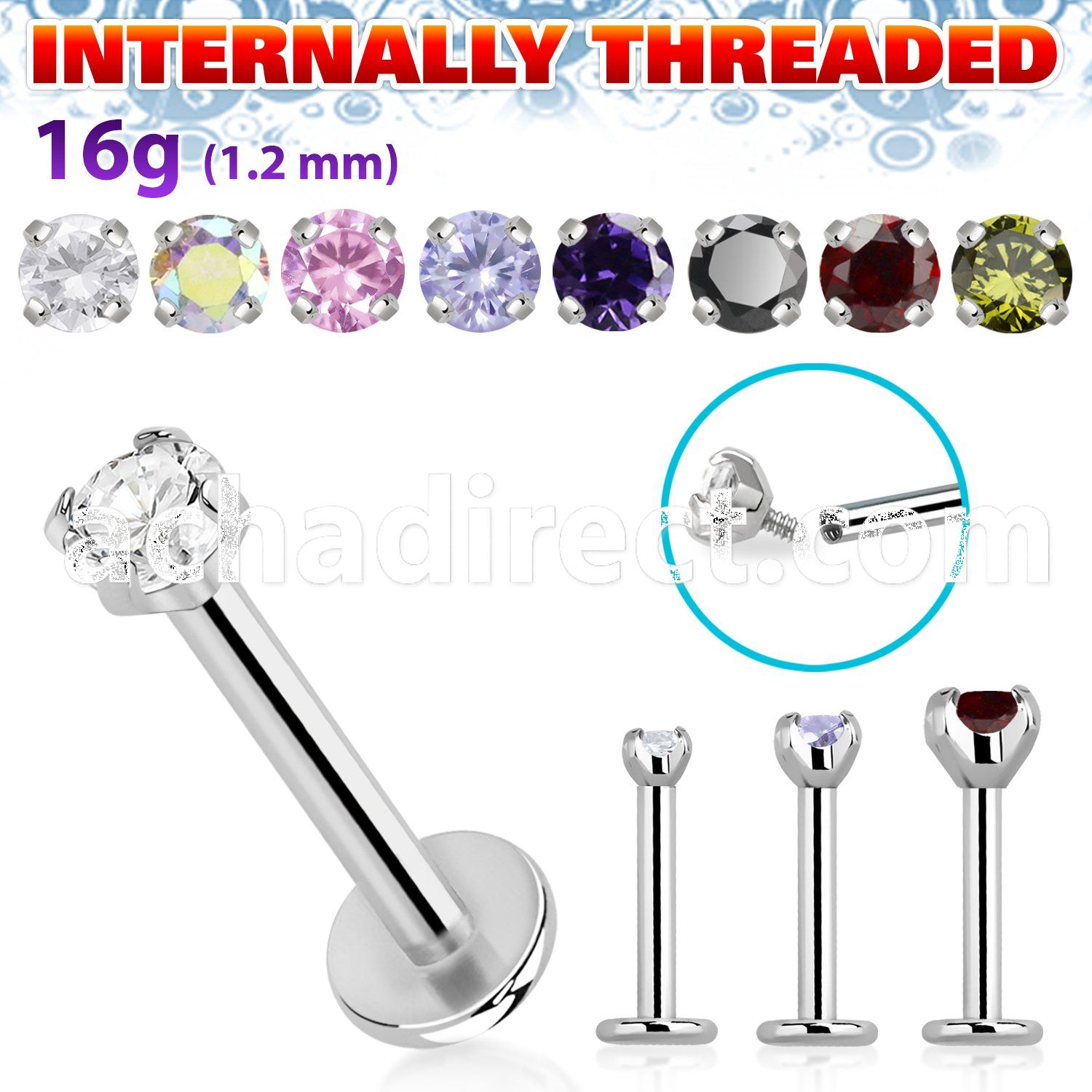 lbczin internally threaded steel labret w upper 2 5mm cz stone