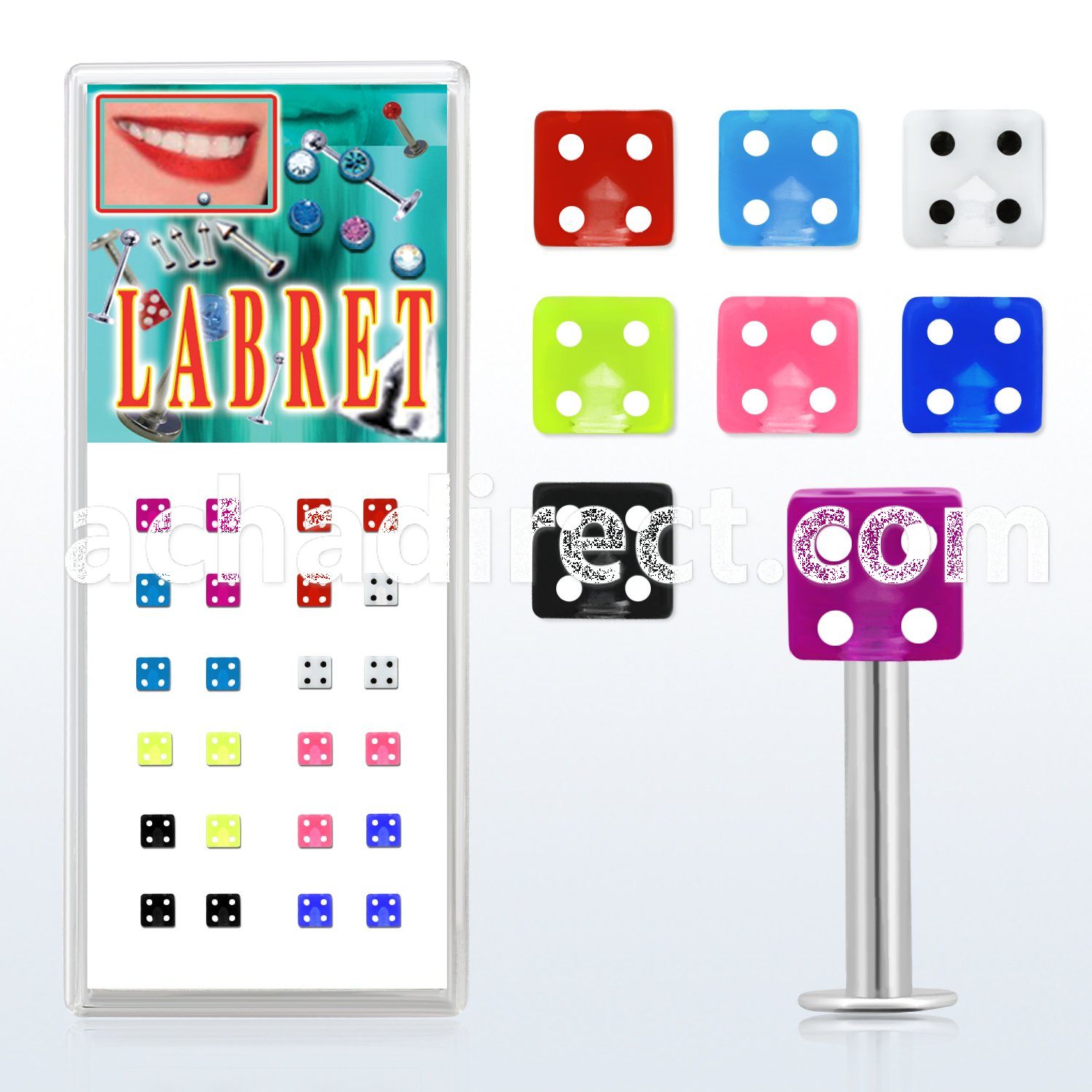 lbdibx display of 316l steel labret with 4mm uv reactive dice