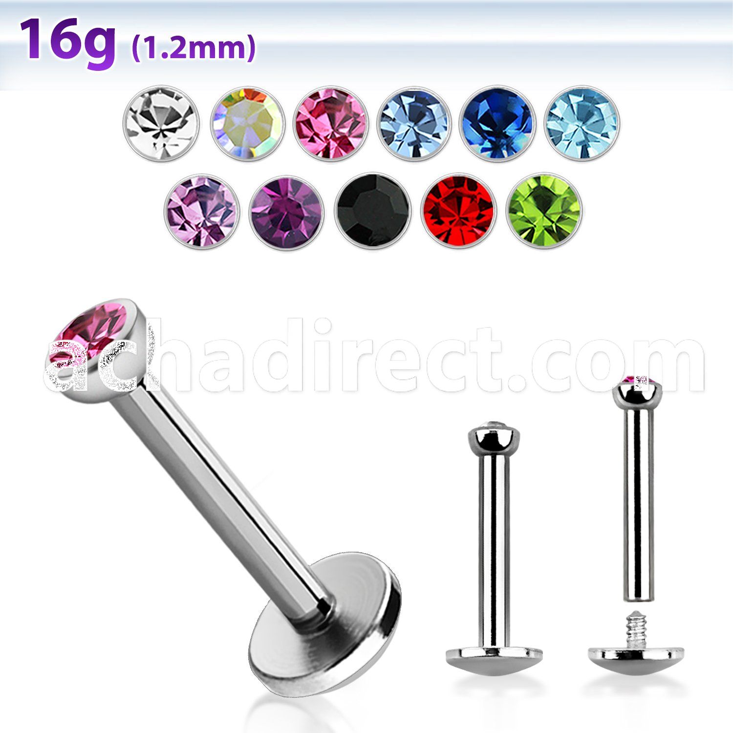 lbfb2 sugical steel labret with 2 2mm flat bezel crystal top