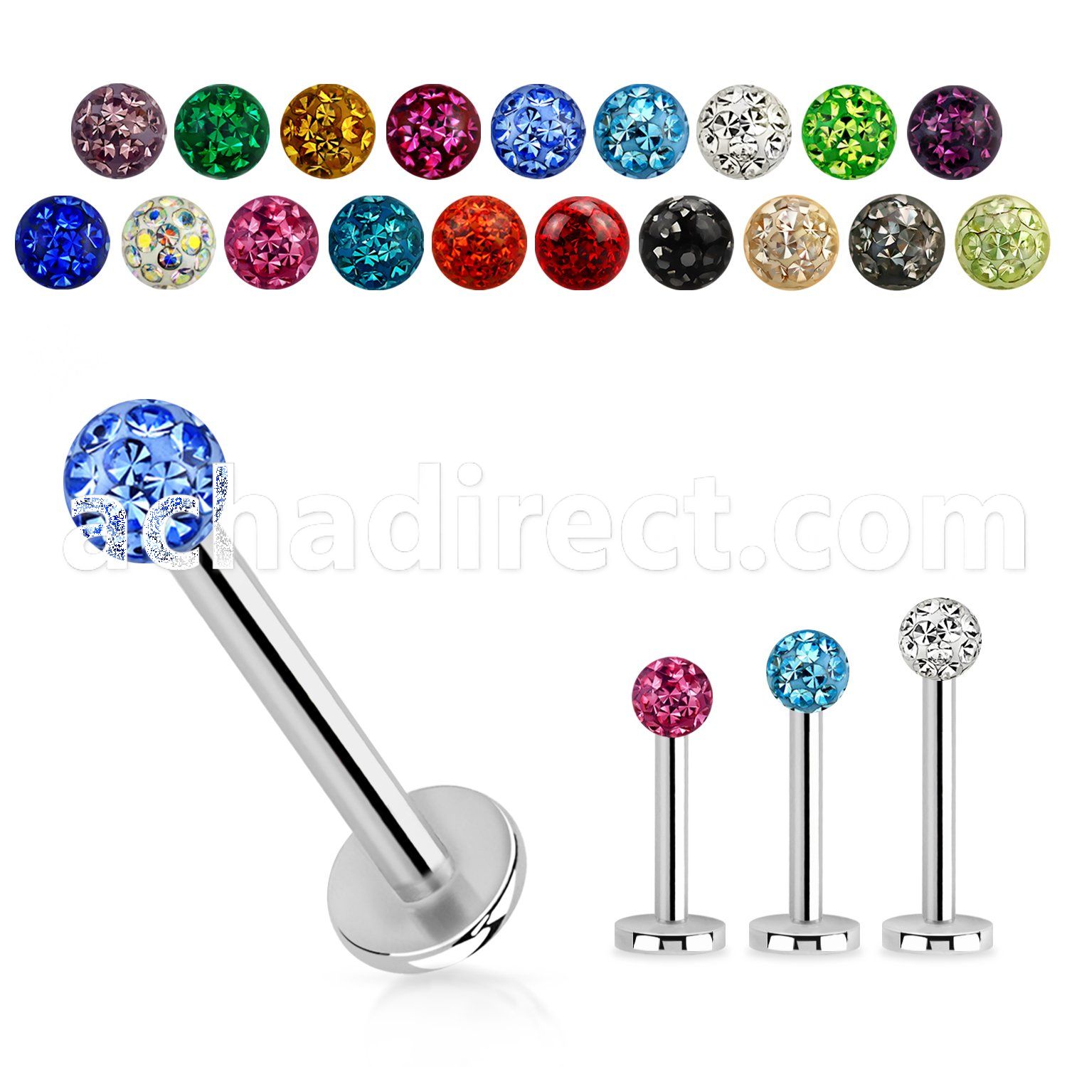 lbfr3 316l steel labret with 3mm ferido multi crystal ball