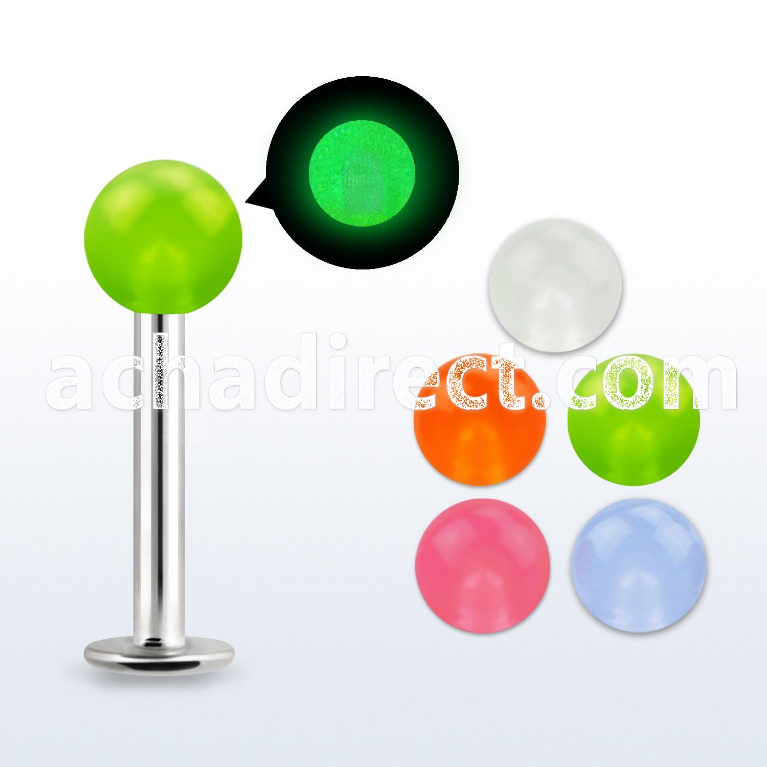 lbgl 316l steel labret w 5mm glow in the dark acrylic ball