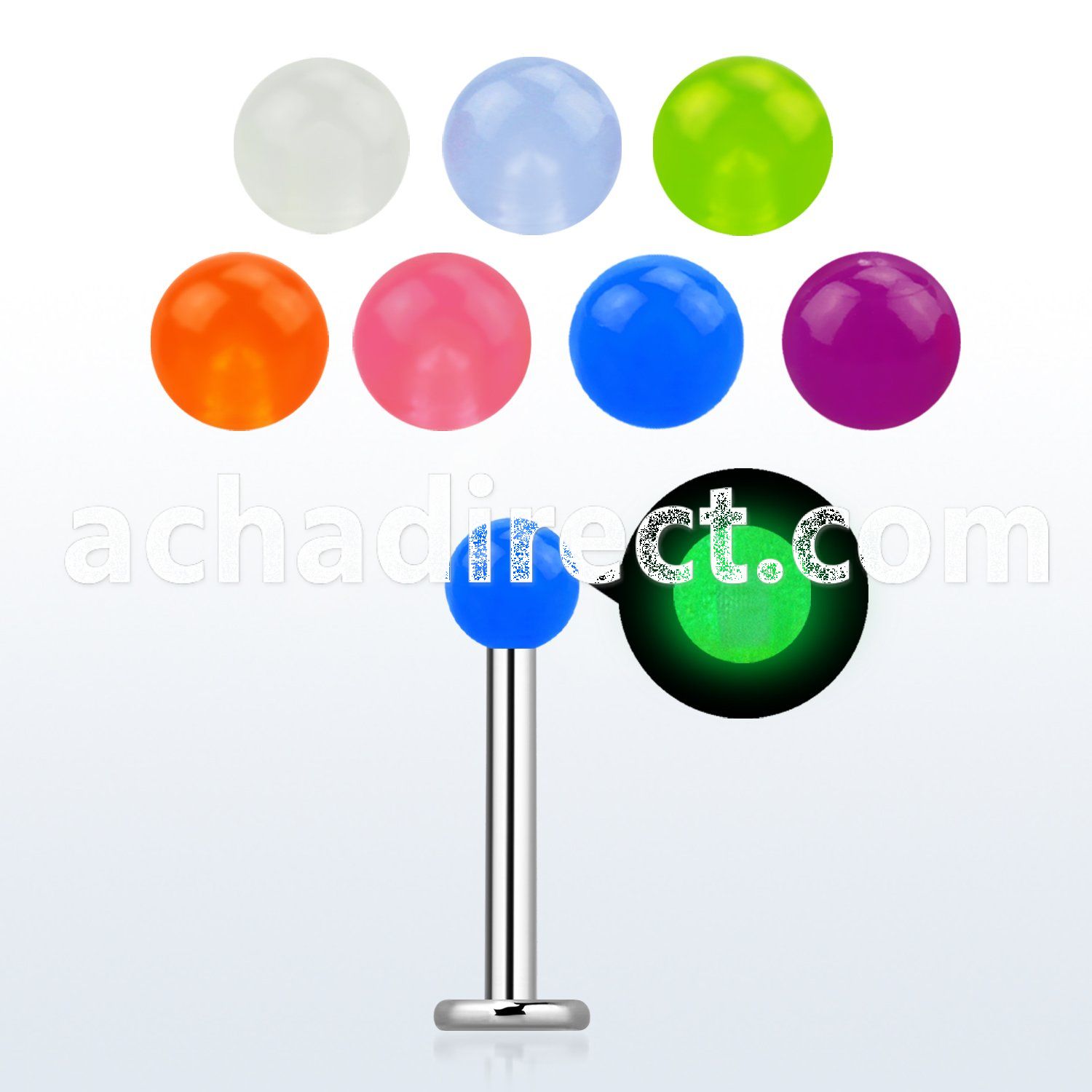 lbglb3 316l steel labret with 3mm glow in the dark acrylic ball