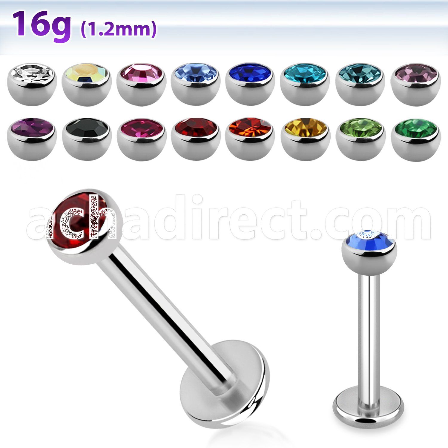 lbhjb3 316l steel labret with 3mm bezel set half jewel ball
