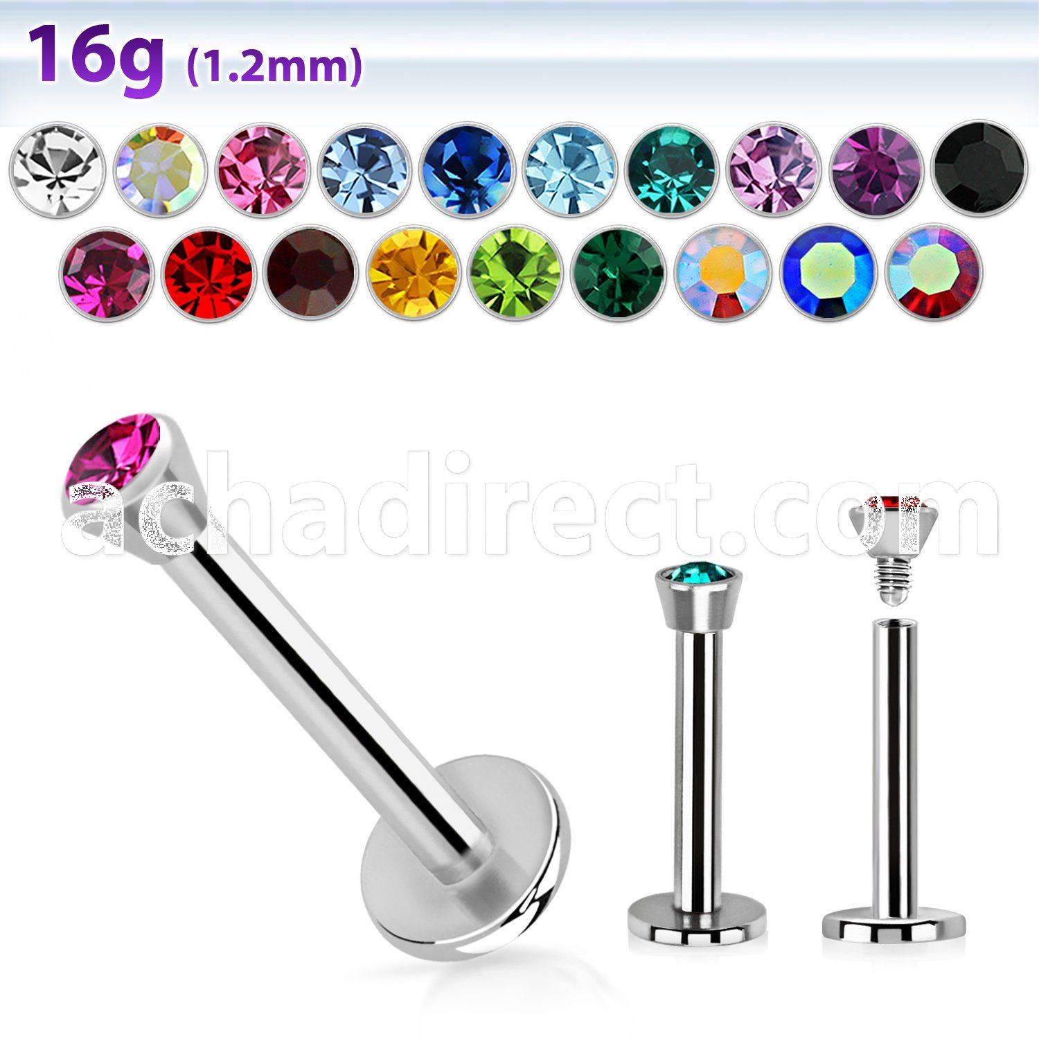 lbic 16g 316l steel labret with 2 5mm bezel set jewel ball