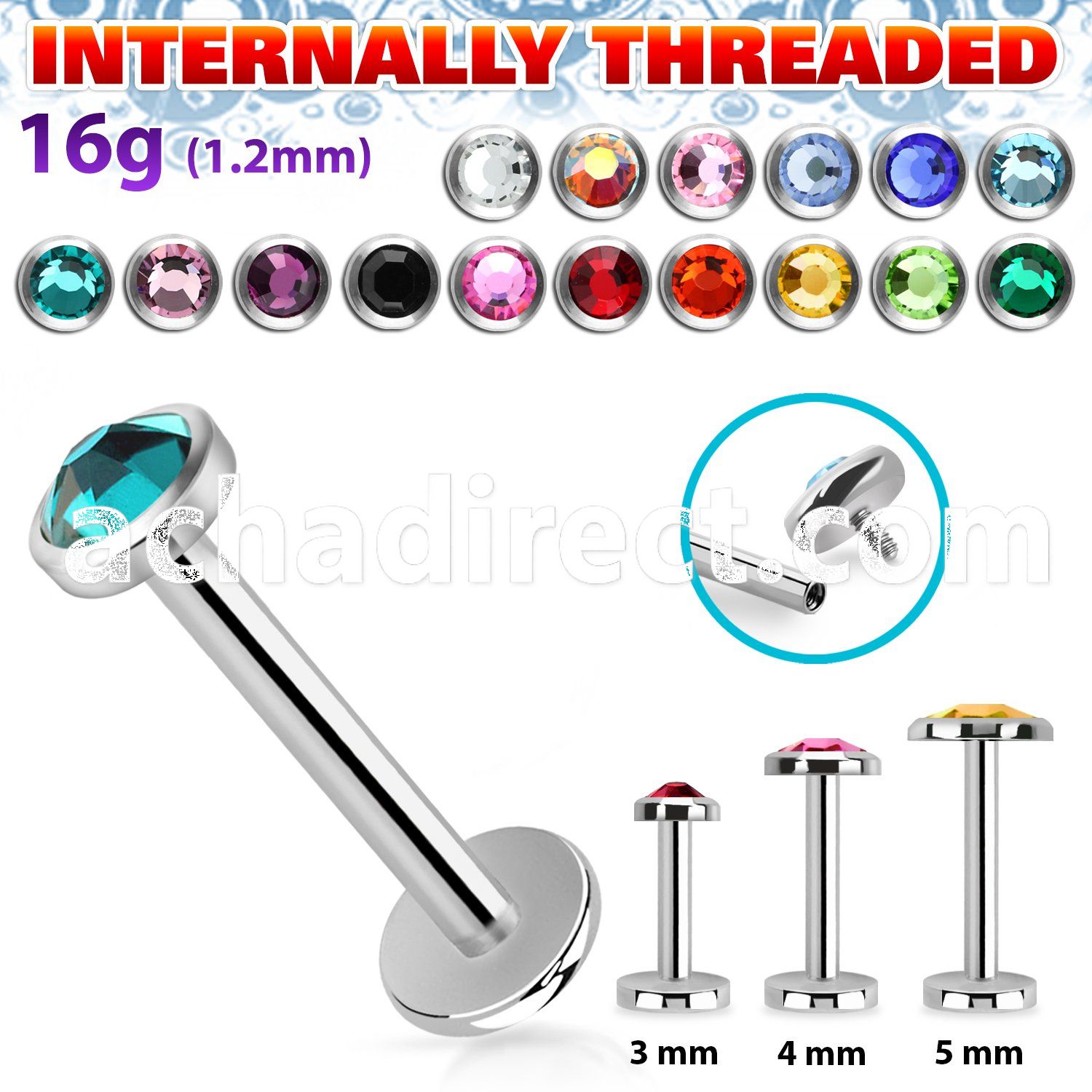 lbifb steel internally threaded labret w crystal flat head
