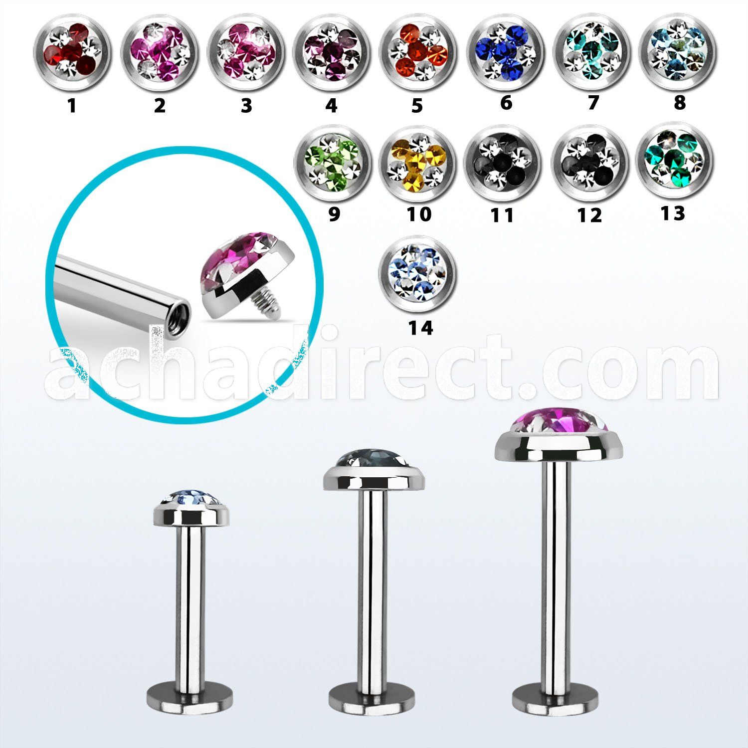 lbifrd steel internally threaded labret w multi crystal tristar