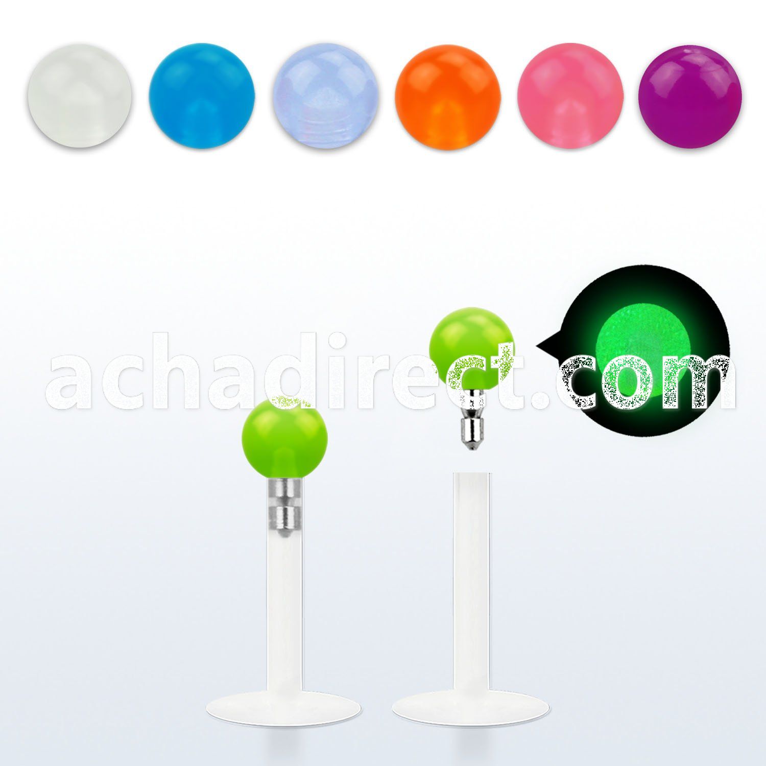 lbiglb3 16g bio flexible labret with 3mm glow in the dark ball