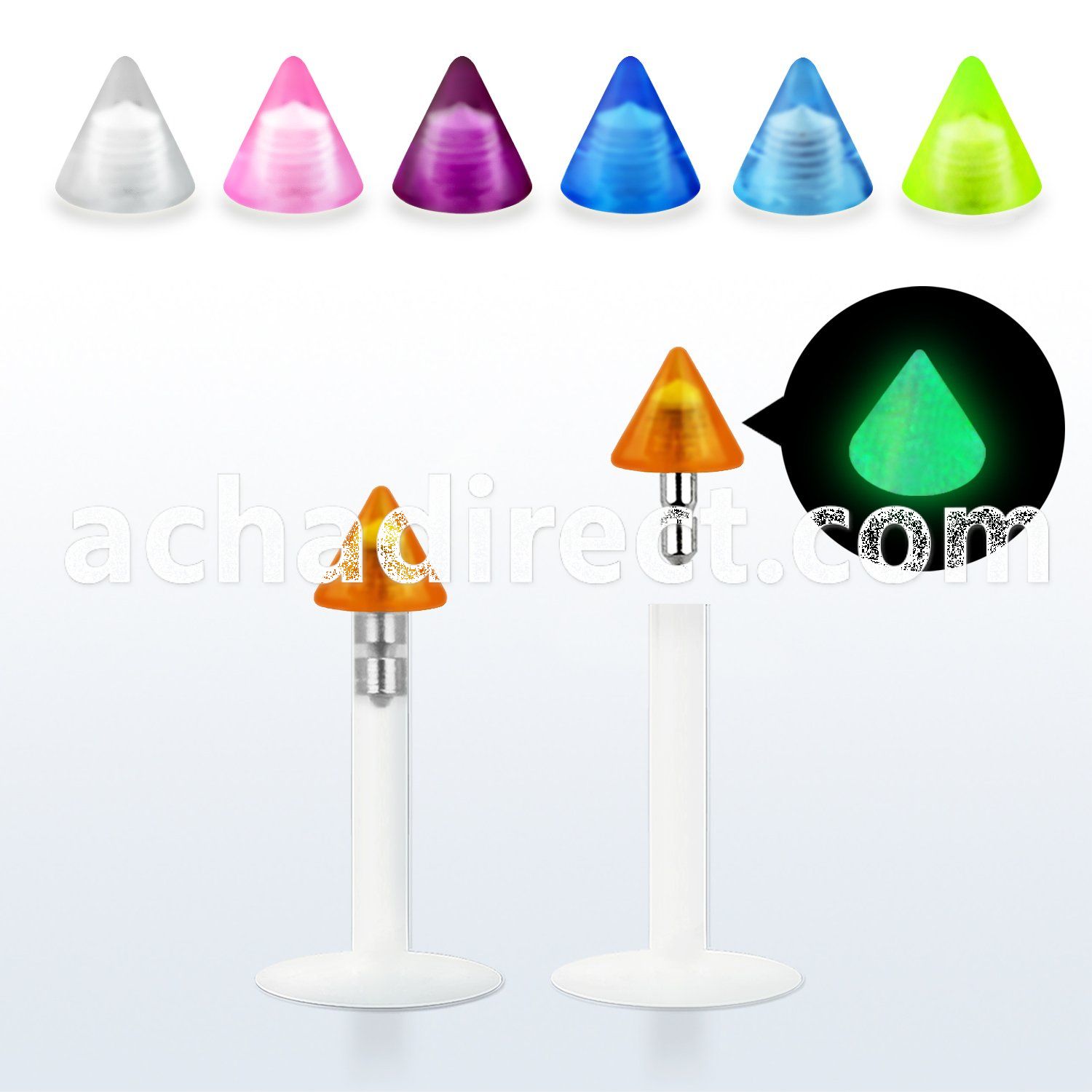 lbiglcn3 16g bio flexible labret with 3mm glow in the dark cone