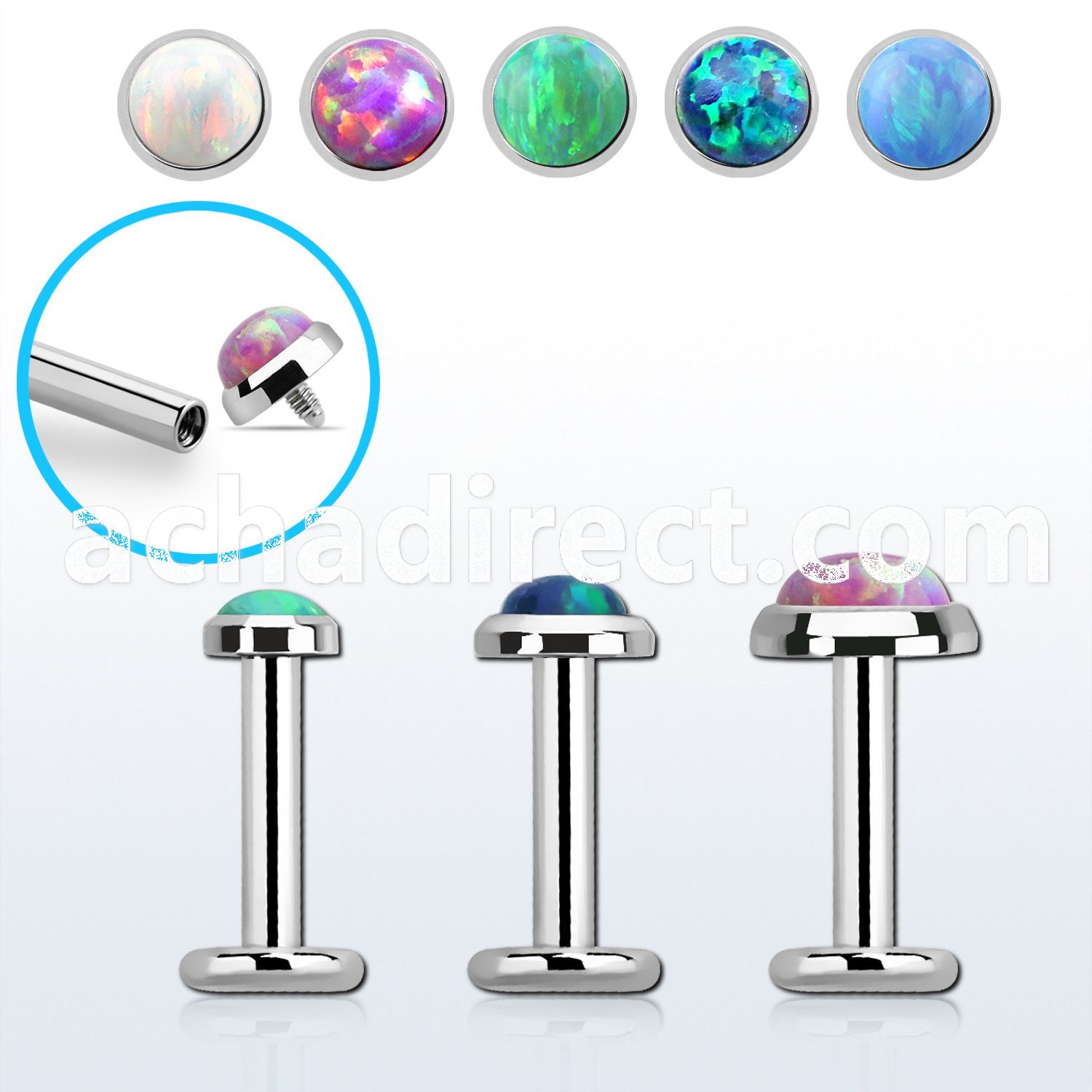 lbio steel internally threaded labret syntetic opal flat head