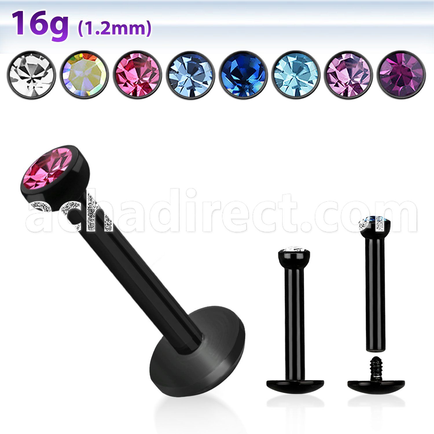 lbkc2 black anodized 316l steel labret w 2 2mm bezel crystal