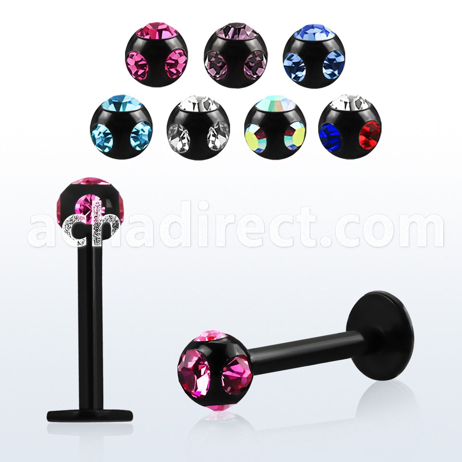 lbkca anodized 316l steel labret with 3mm multi crystal ball