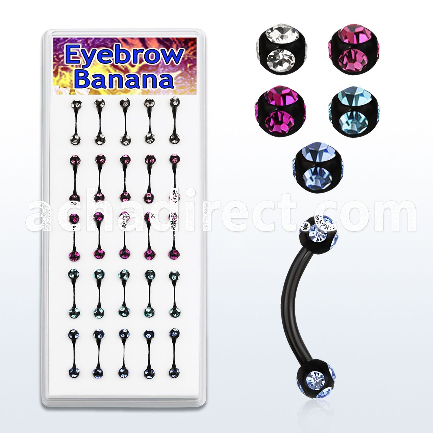 lbnkc3 display of 16g anodized eyebrow bananas with 3mm ball