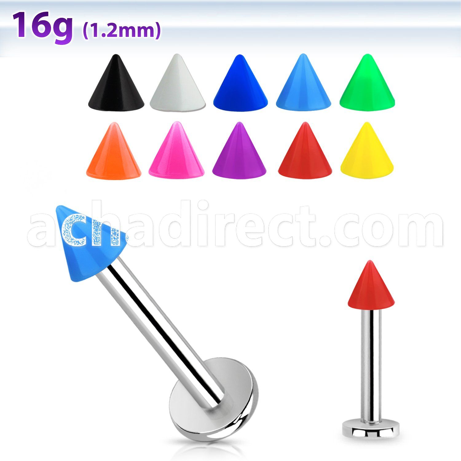 lbsacn3 316l steel labret with 3mm color acrylic cone