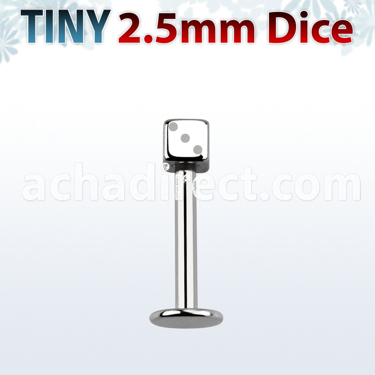 lbsdi25 316l steel labret with a tiny 2 5mm dice