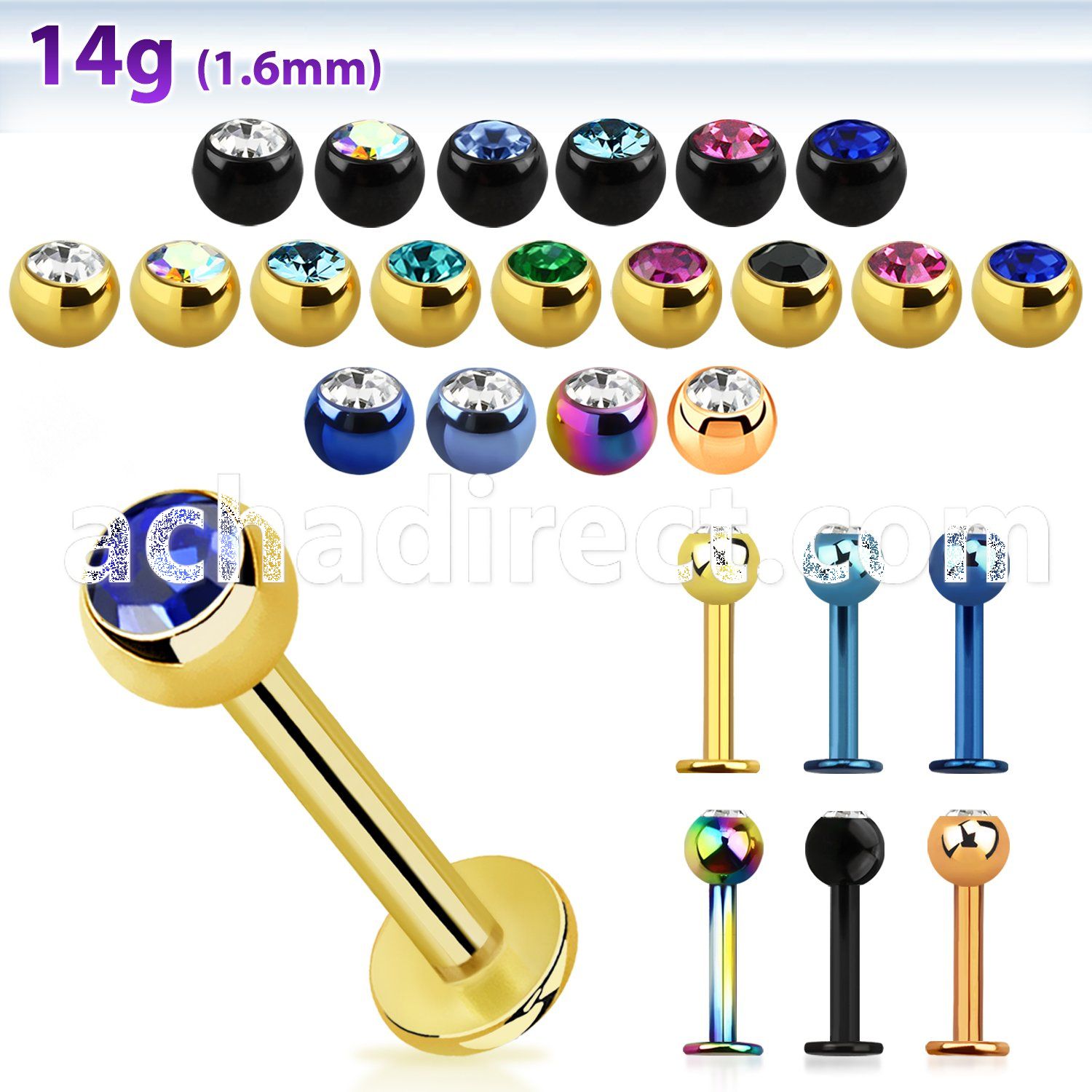 lbtc4 anodized 14g 316l steel labret with 4mm ball