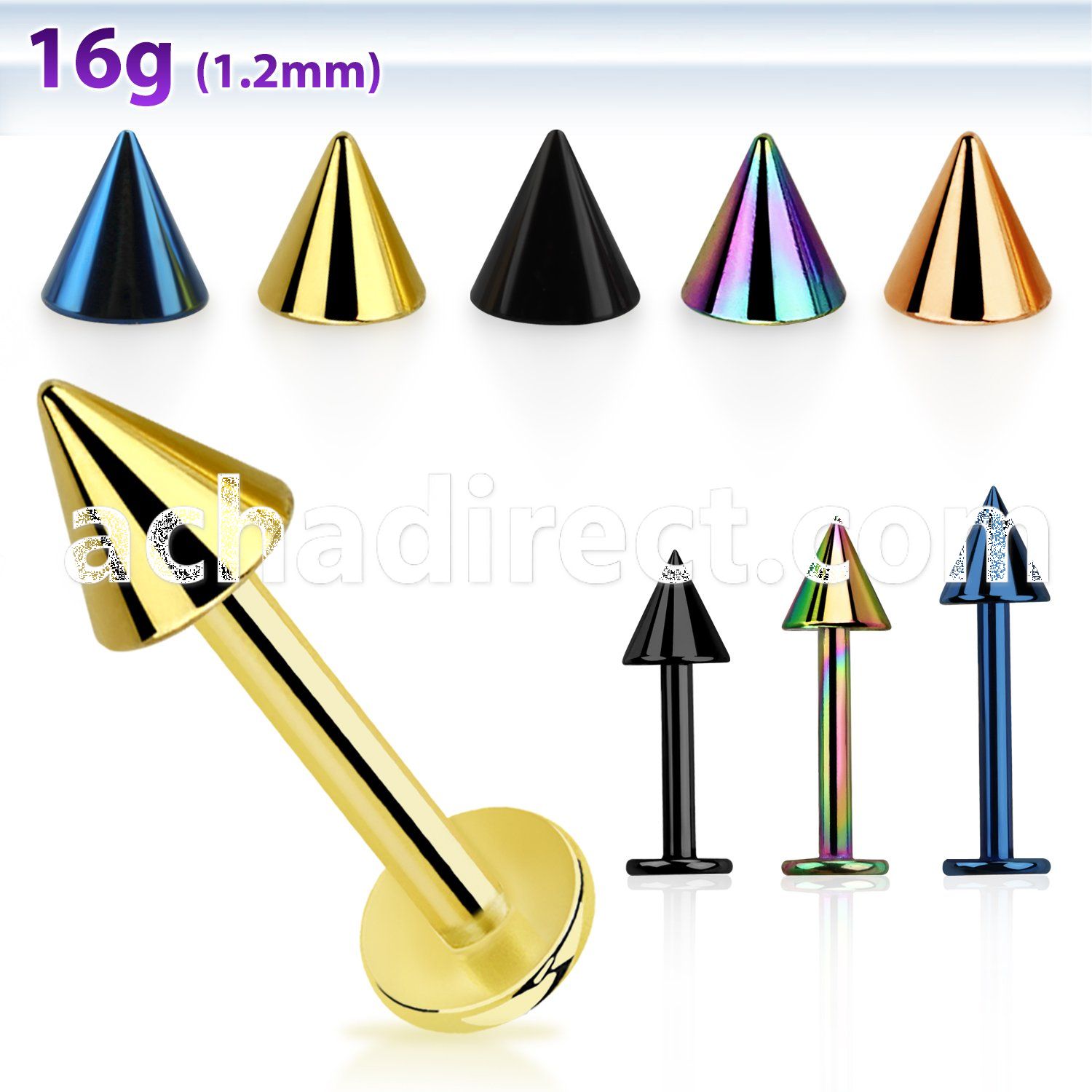 lbtcn4s anodized surgical steel labret with a 4mm cone