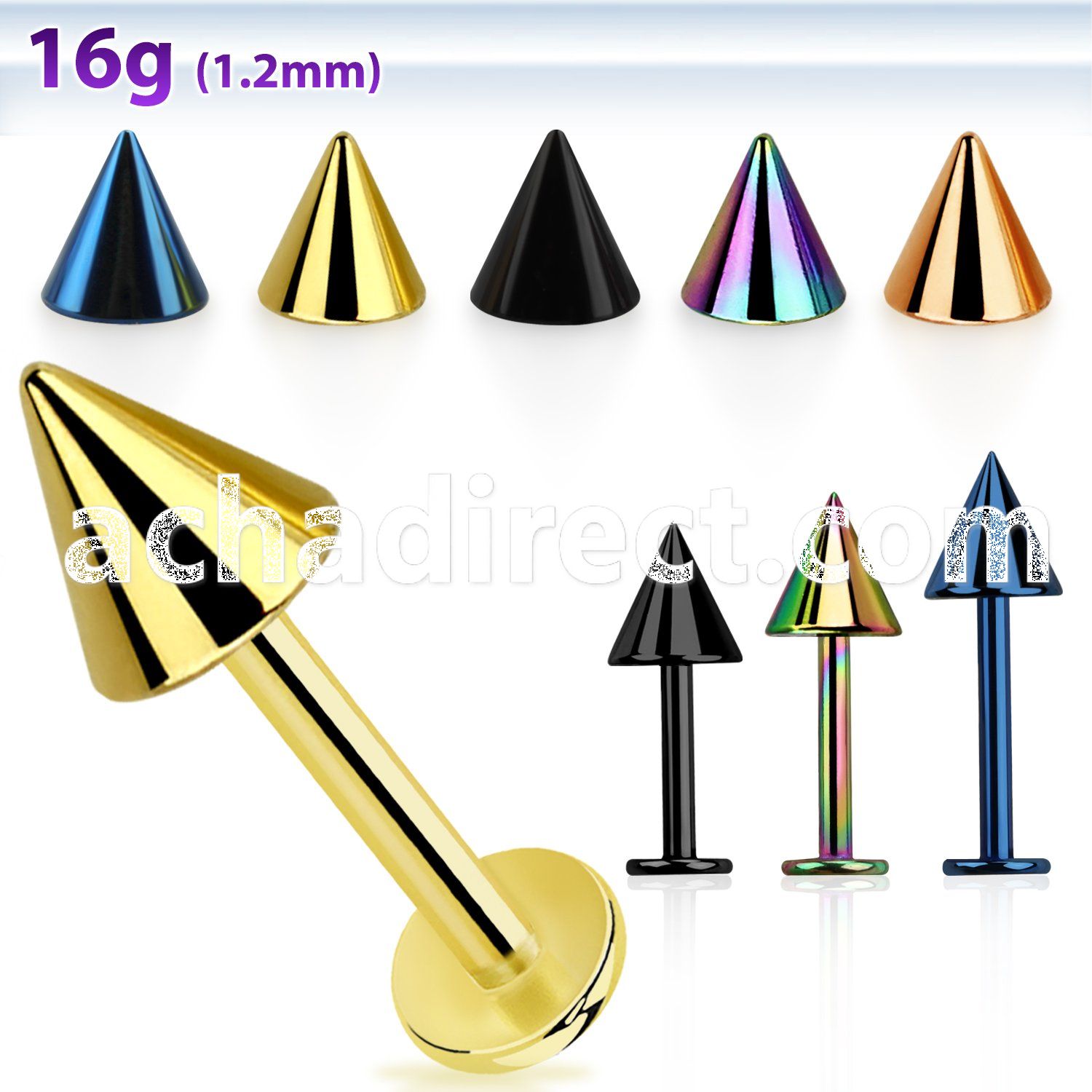 lbtcn5s anodized surgical steel labret with a 5mm cone