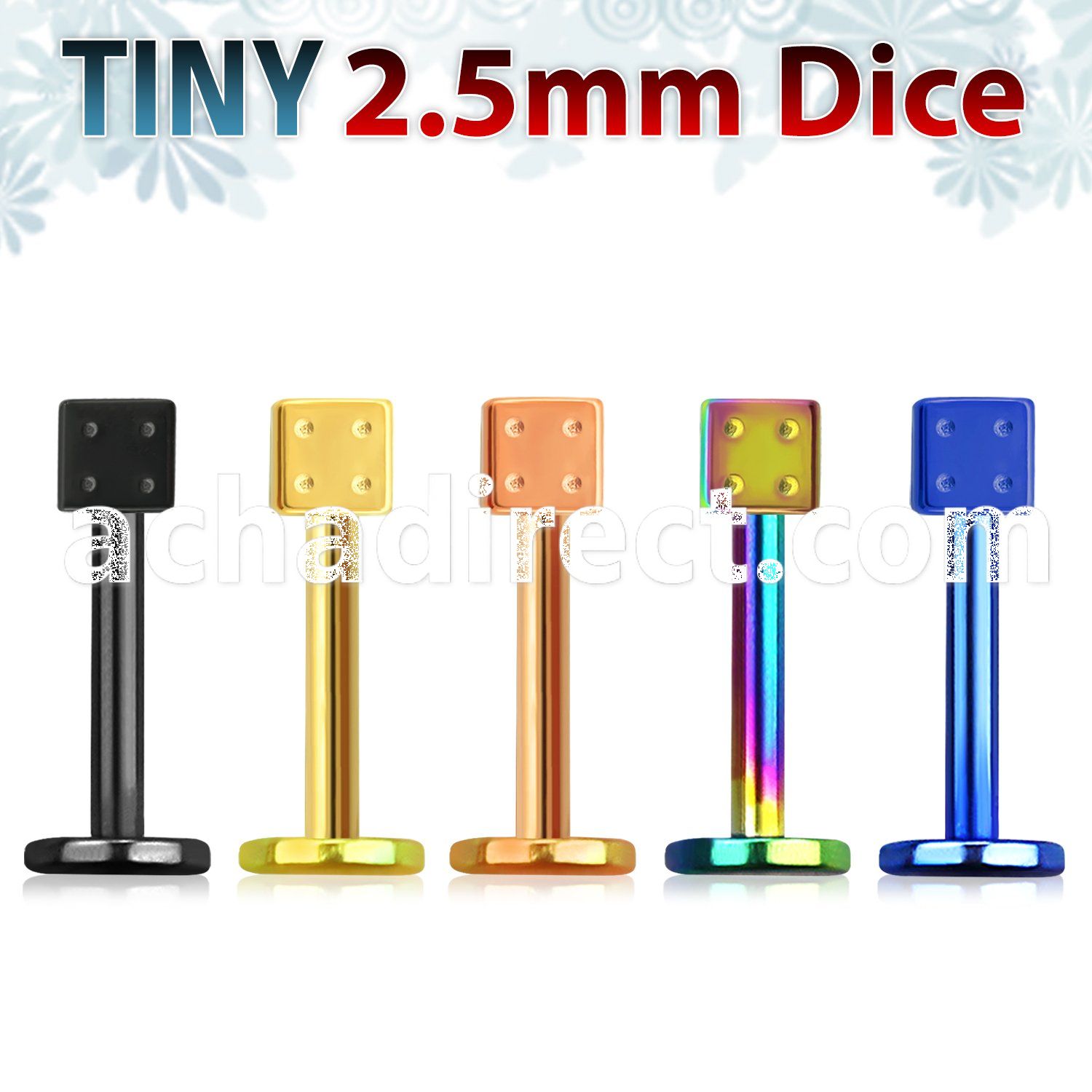 lbtdi25 anodized 316l steel labret with a 2 5mm dice