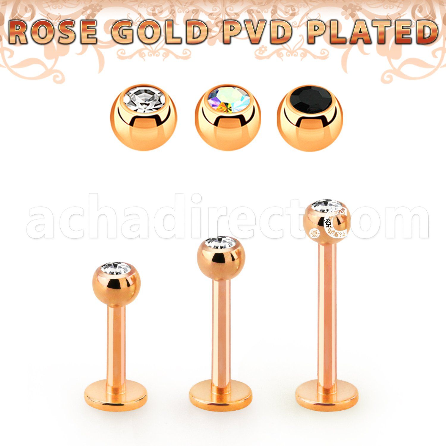 lbttc3 rose gold plated steel labret w 3mm jewel ball