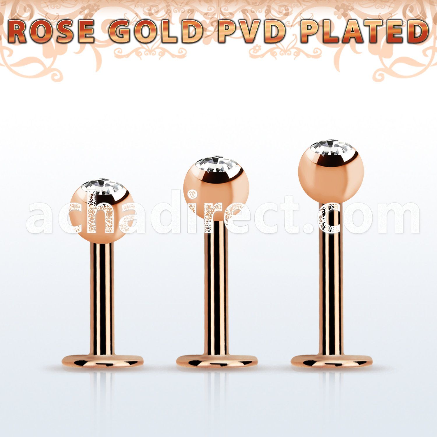 lbttc4 rose gold pvd plated steel labret, 14g w 4mm jewel ball