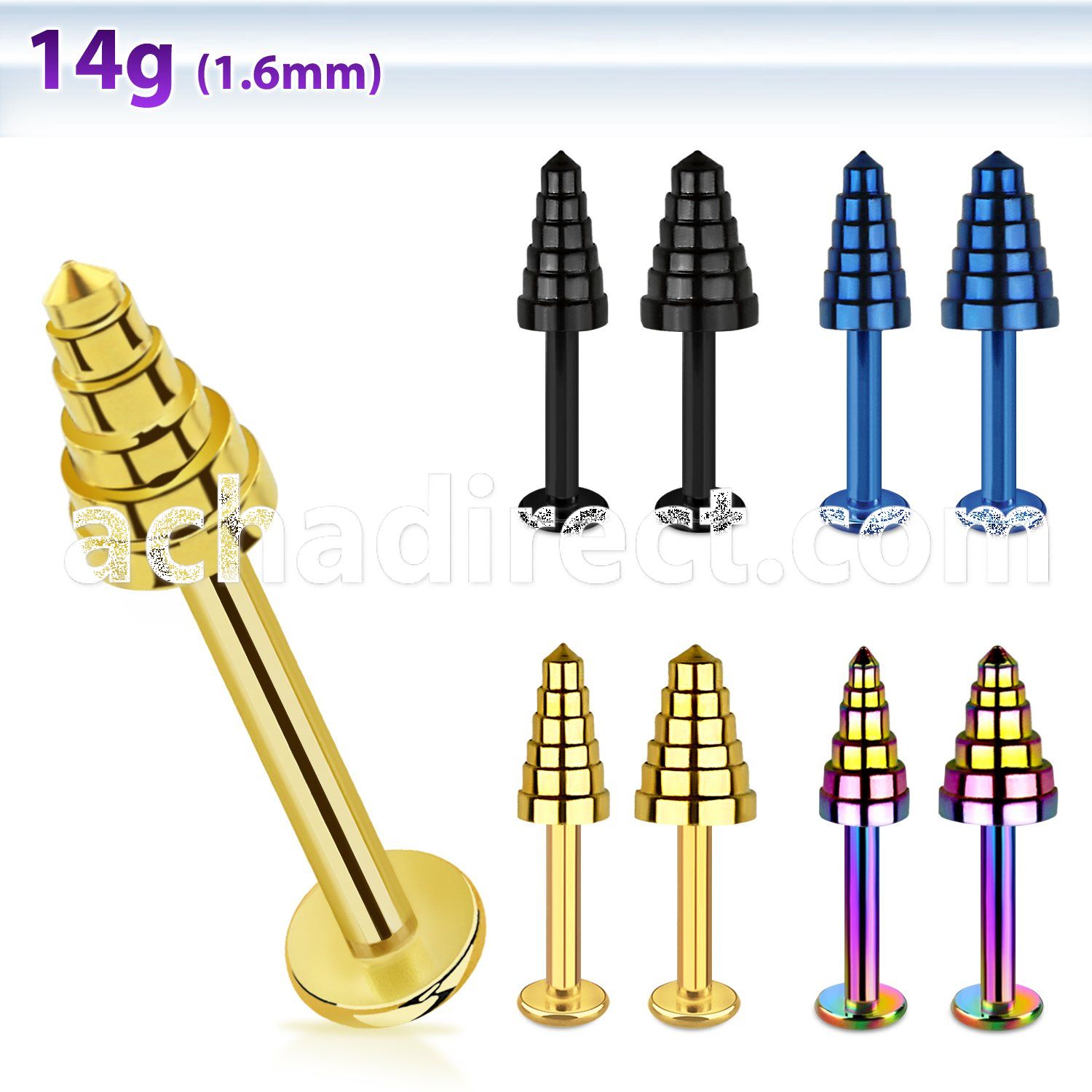 lbtxn4 anodized 316l steel labret with 4mm layered drill cone