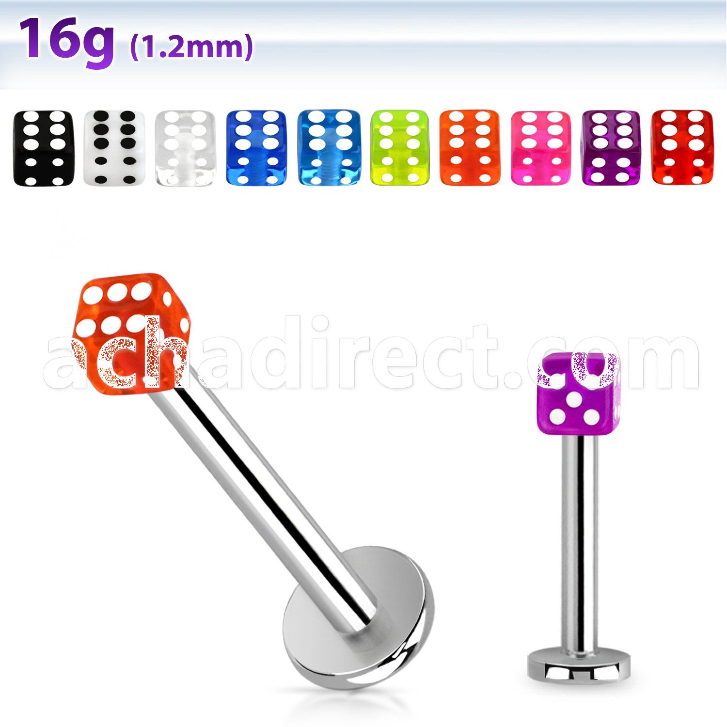 lbuvdi3 surgical steel labret with a 3mm acrylic uv dice