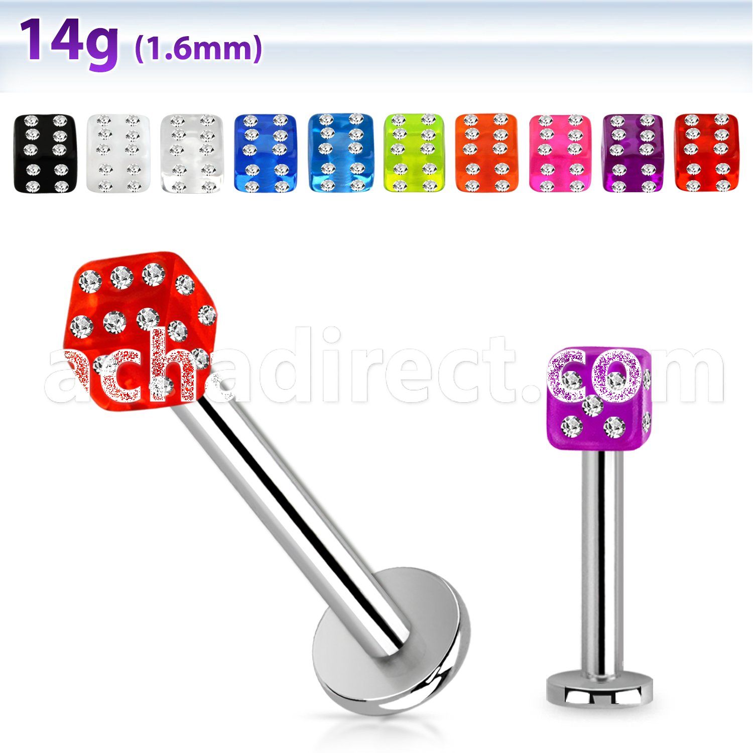 lbuvdic 316l steel labret with 4mm acrylic multicrystal uv dice
