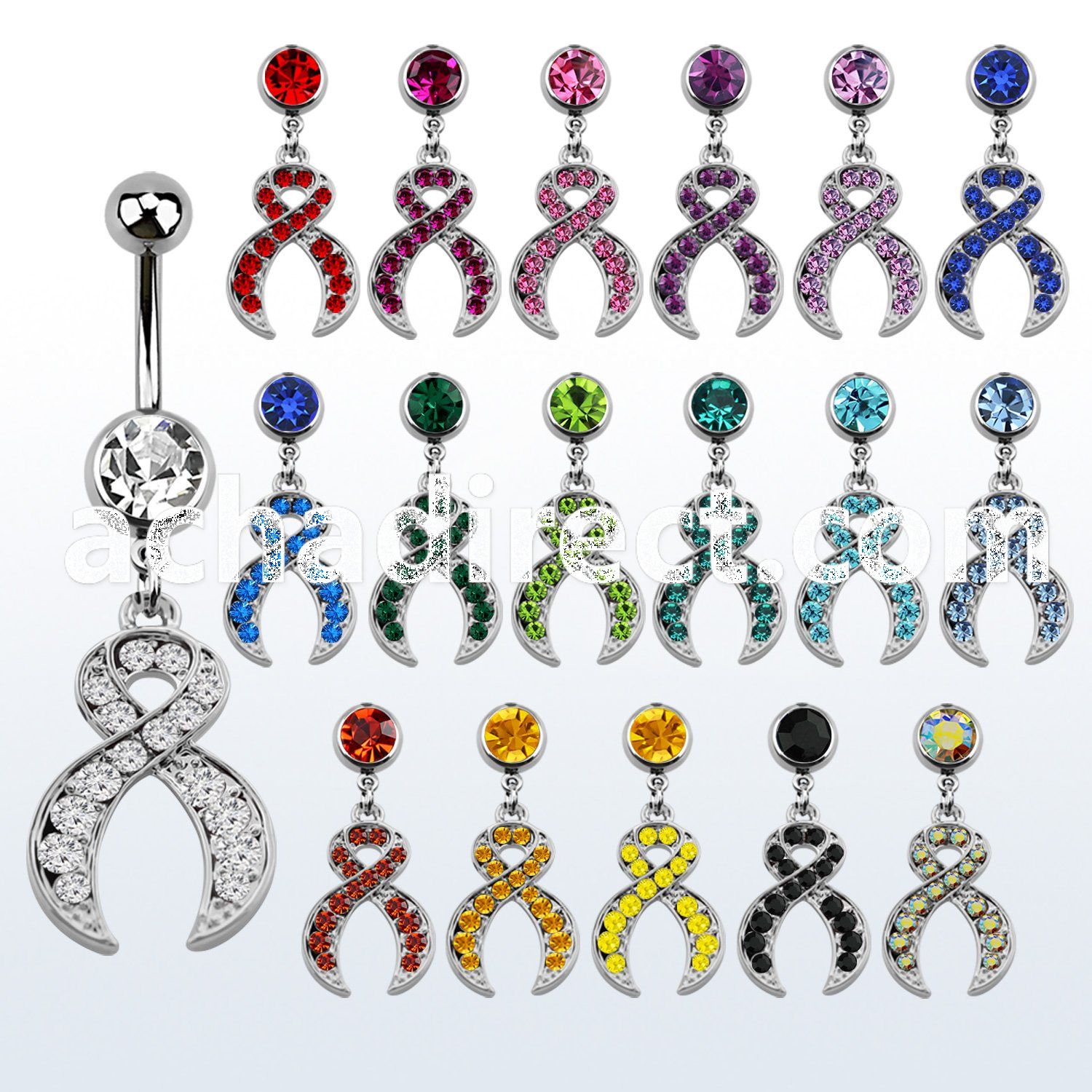 mcd496 316l steel belly banana with dangling crystal ribbon