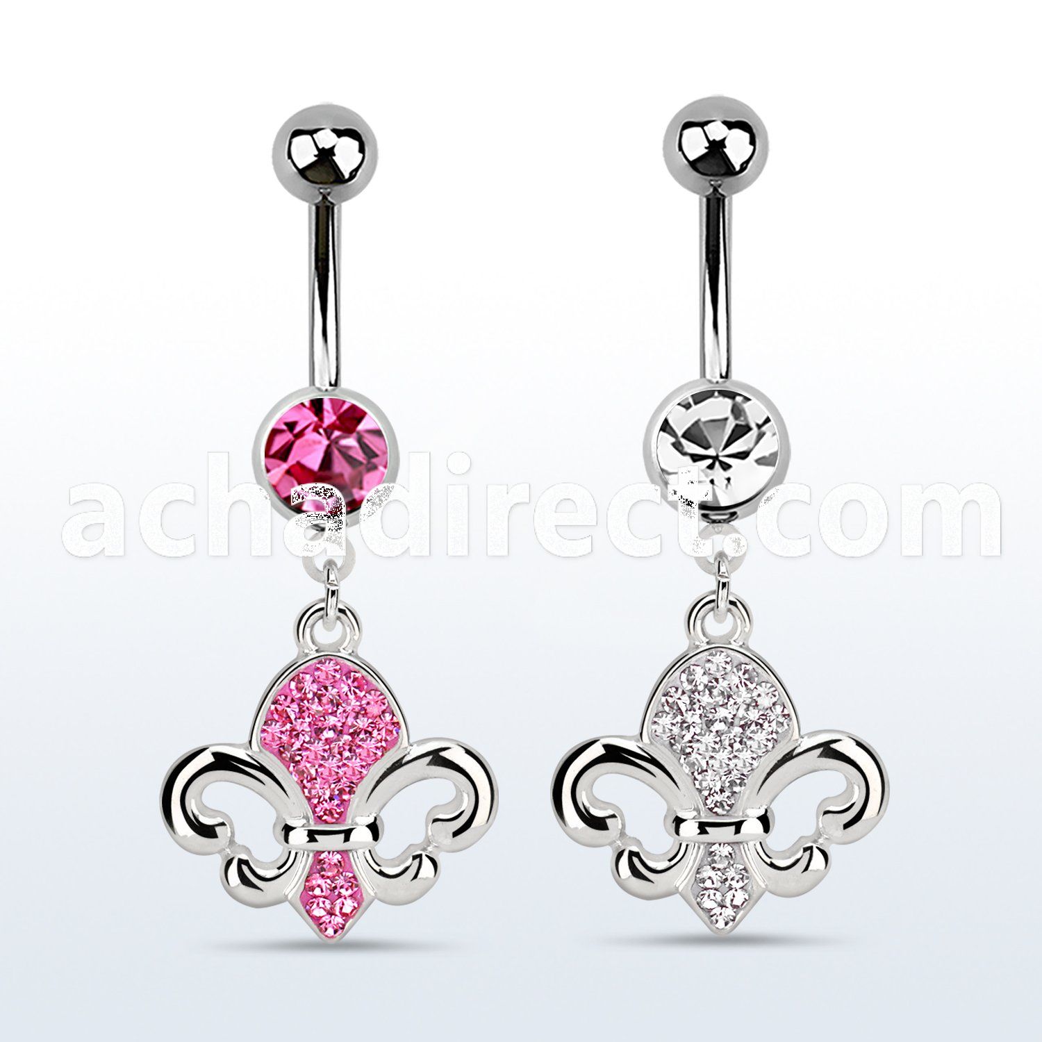 mcd498 316l steel belly banana w crystal fleur de lis