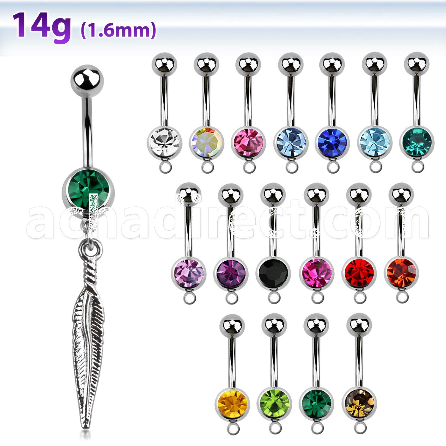 mcd583 316l steel belly banana w jewel ball dangling feather