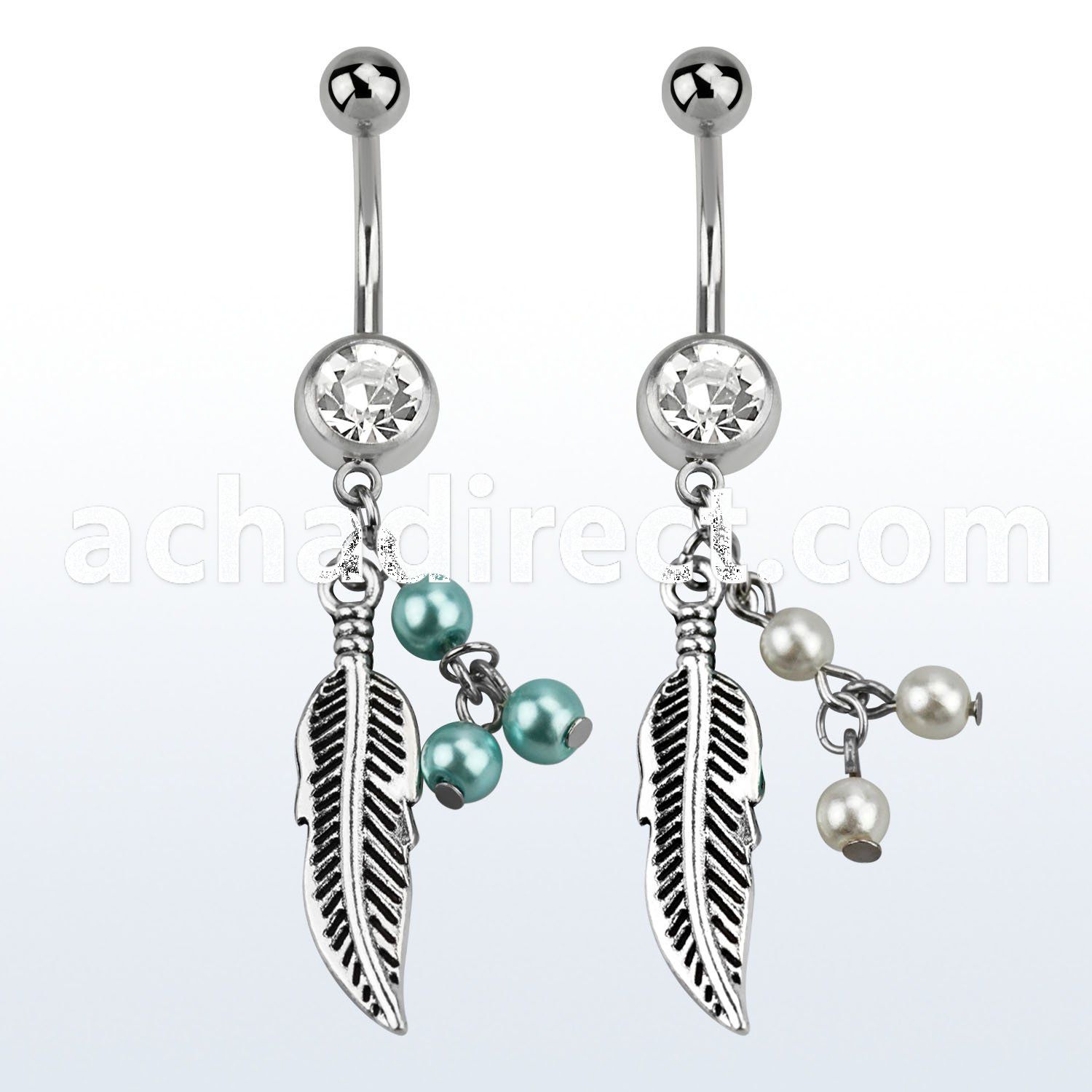 mcd601 steel belly banana w dangling feather pearls