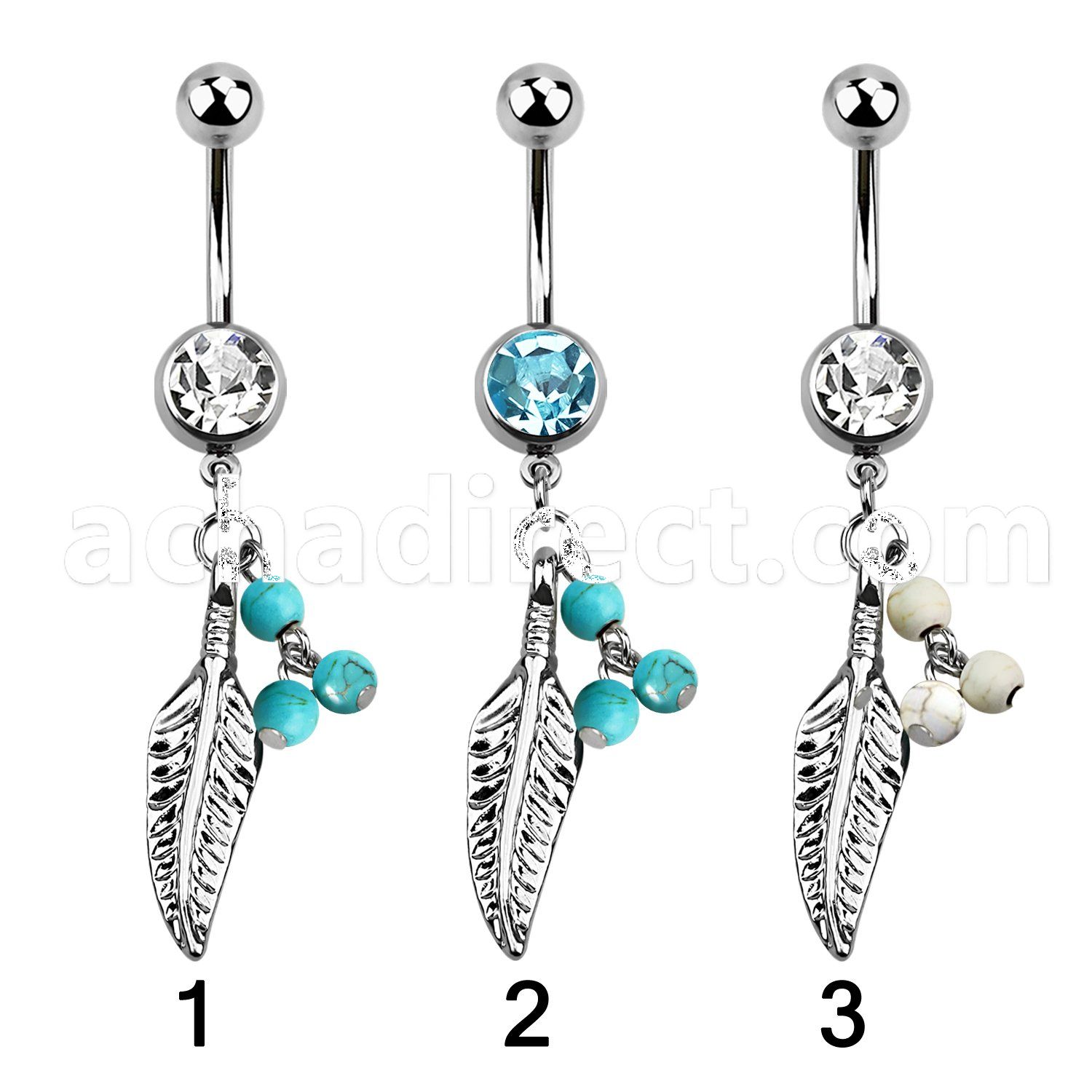 mcd601b 316l steel belly banana w dangling faux turquoise balls