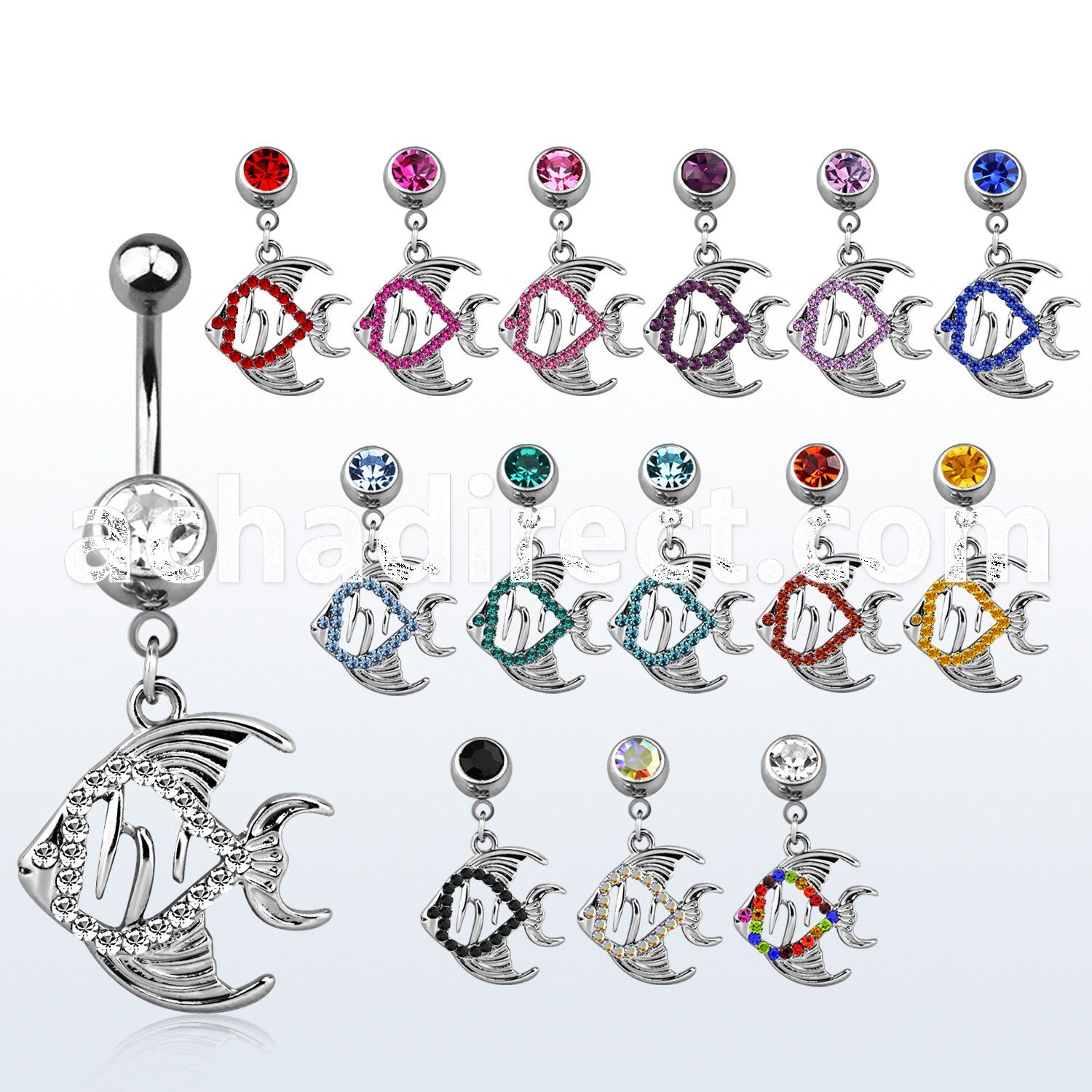 mcd647 316l steel belly banana w dangling multi crystal fish