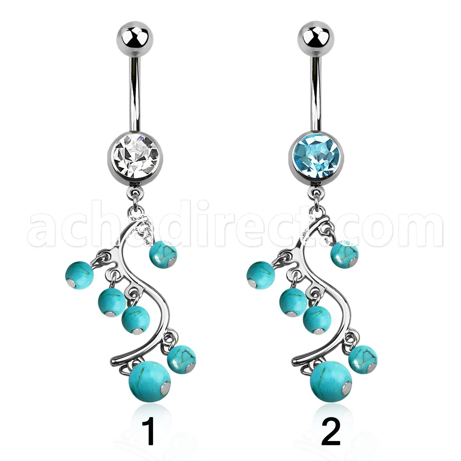 mcd695 316l steel belly banana w vine turquoise balls