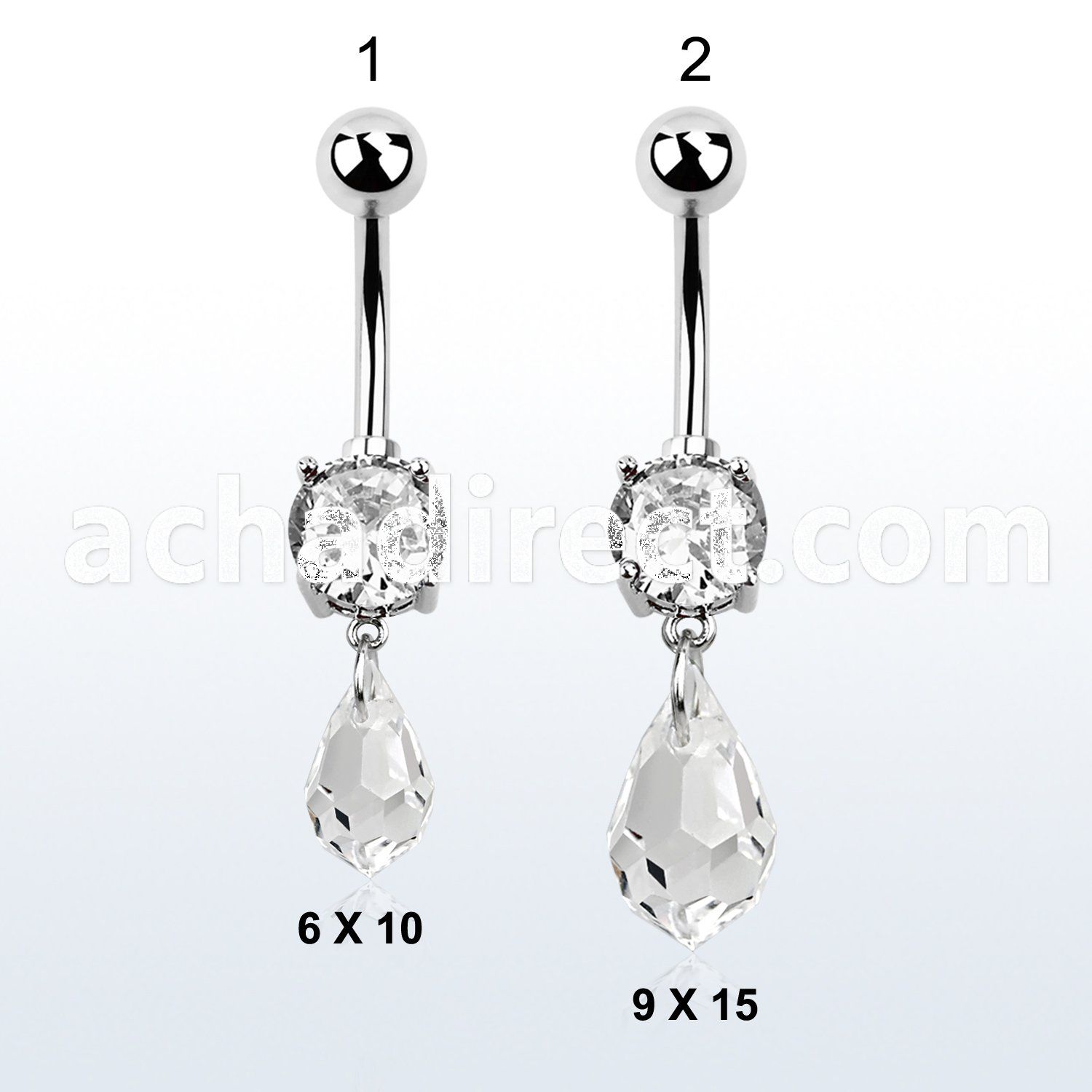 mcd710 steel belly banana w a dangling tear drop shaped crystal