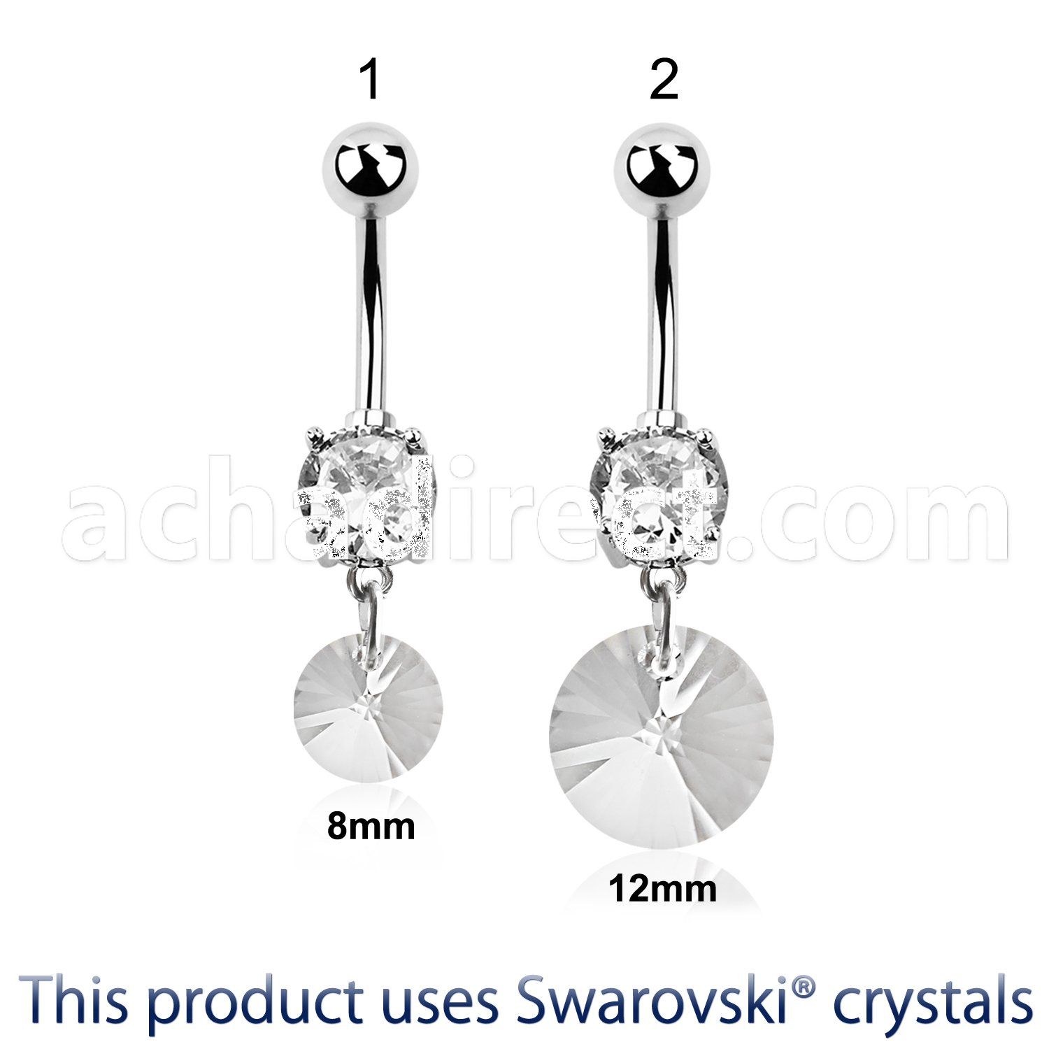 mcd718 steel belly banana w a dangling round swarovski crystal