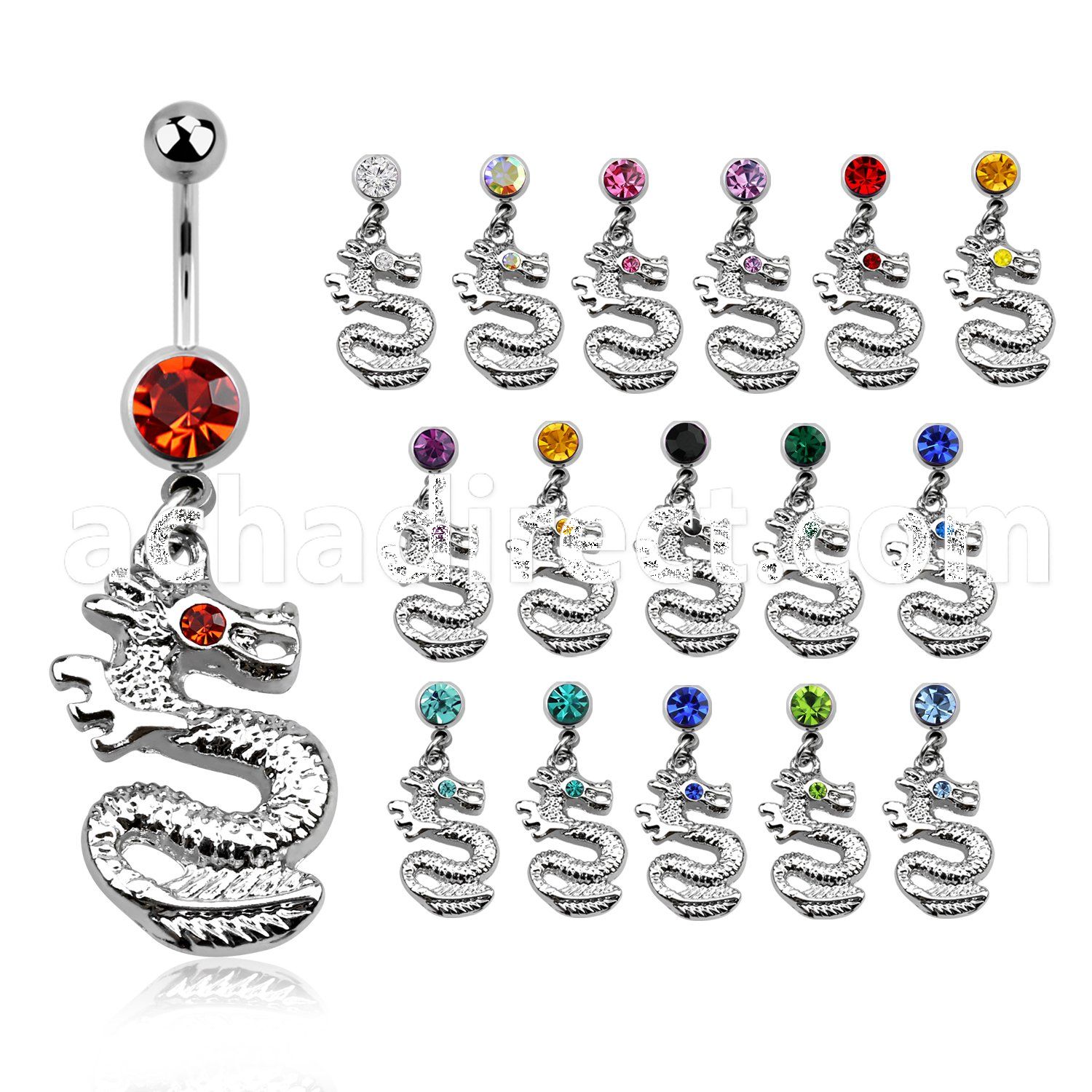 mcd721 316l steel belly banana w dangling dragon w crystal eyes