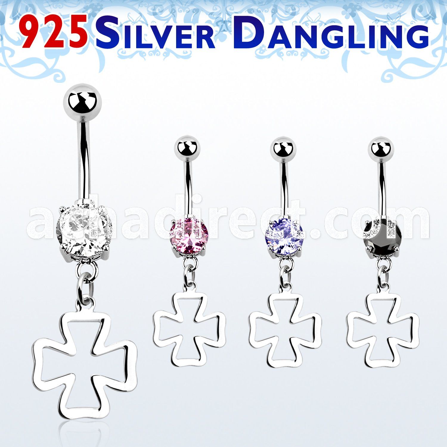 mcdvd19 steel belly banana w cz stone silver cross dangling