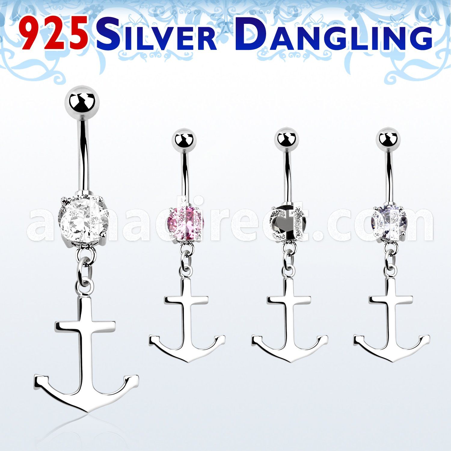 mcdvd22 steel belly banana w round cz silver plain anchor