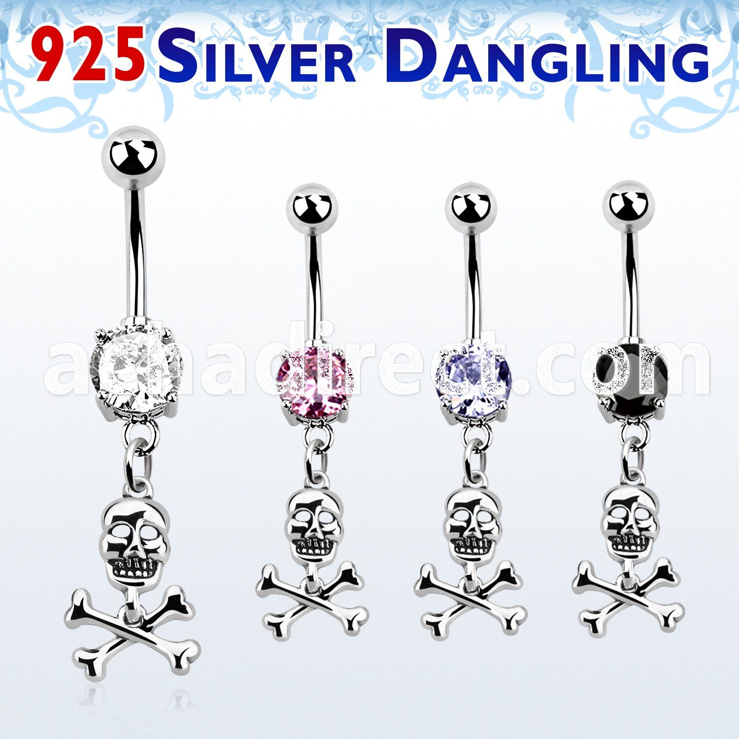 mcdvd28 steel belly banana w cz silver skull with crossed bones