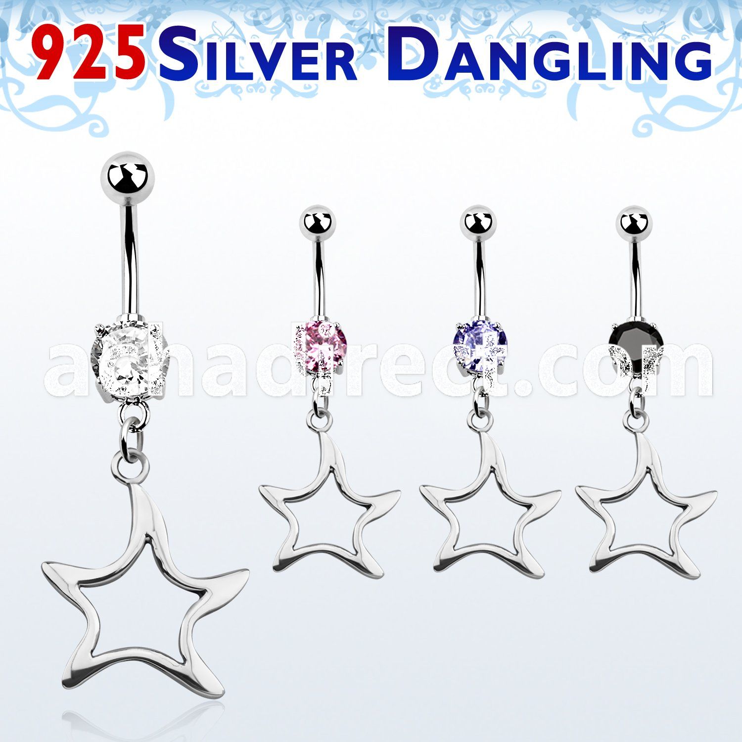mcdvd8 316l steel cz belly banana w dangling silver star