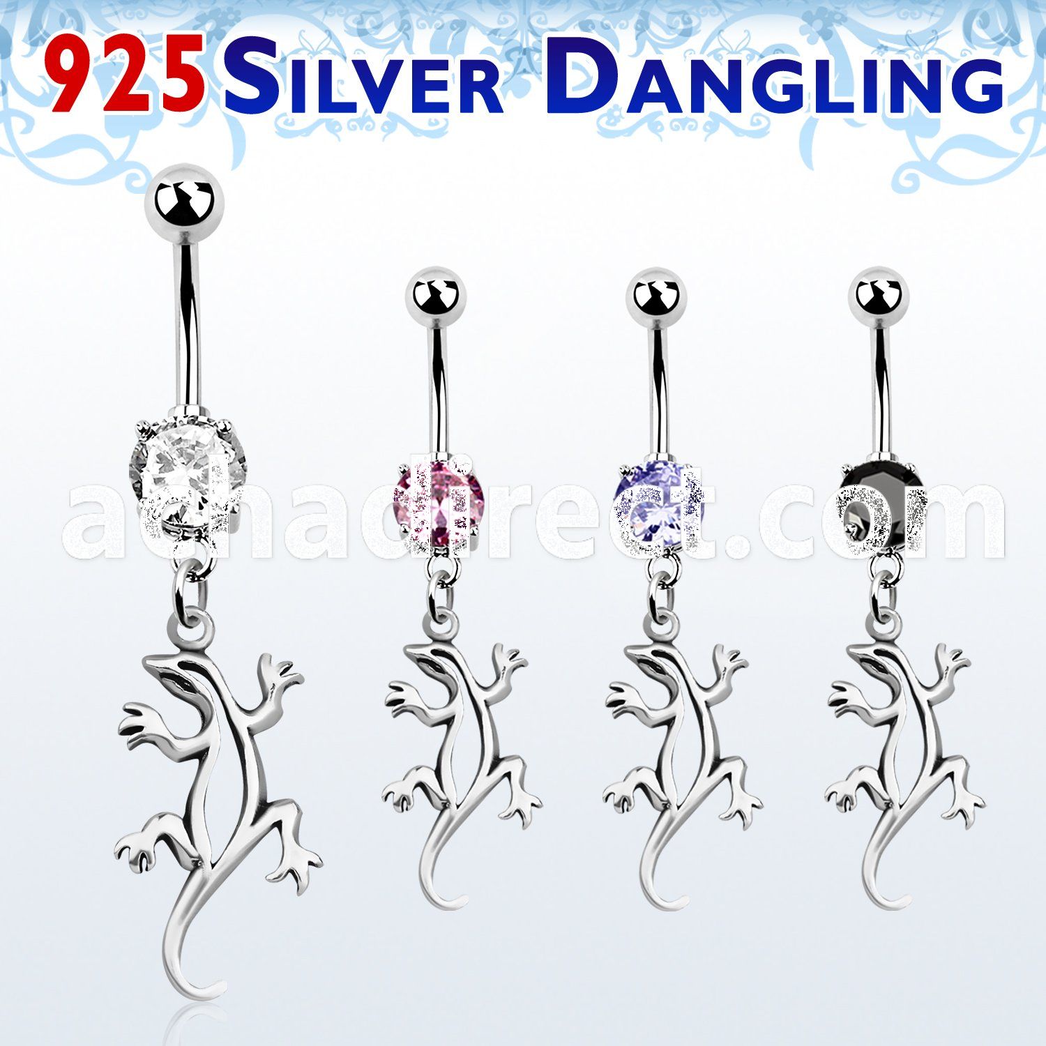mcdvd9 316l steel cz belly banana w dangling silver lizard